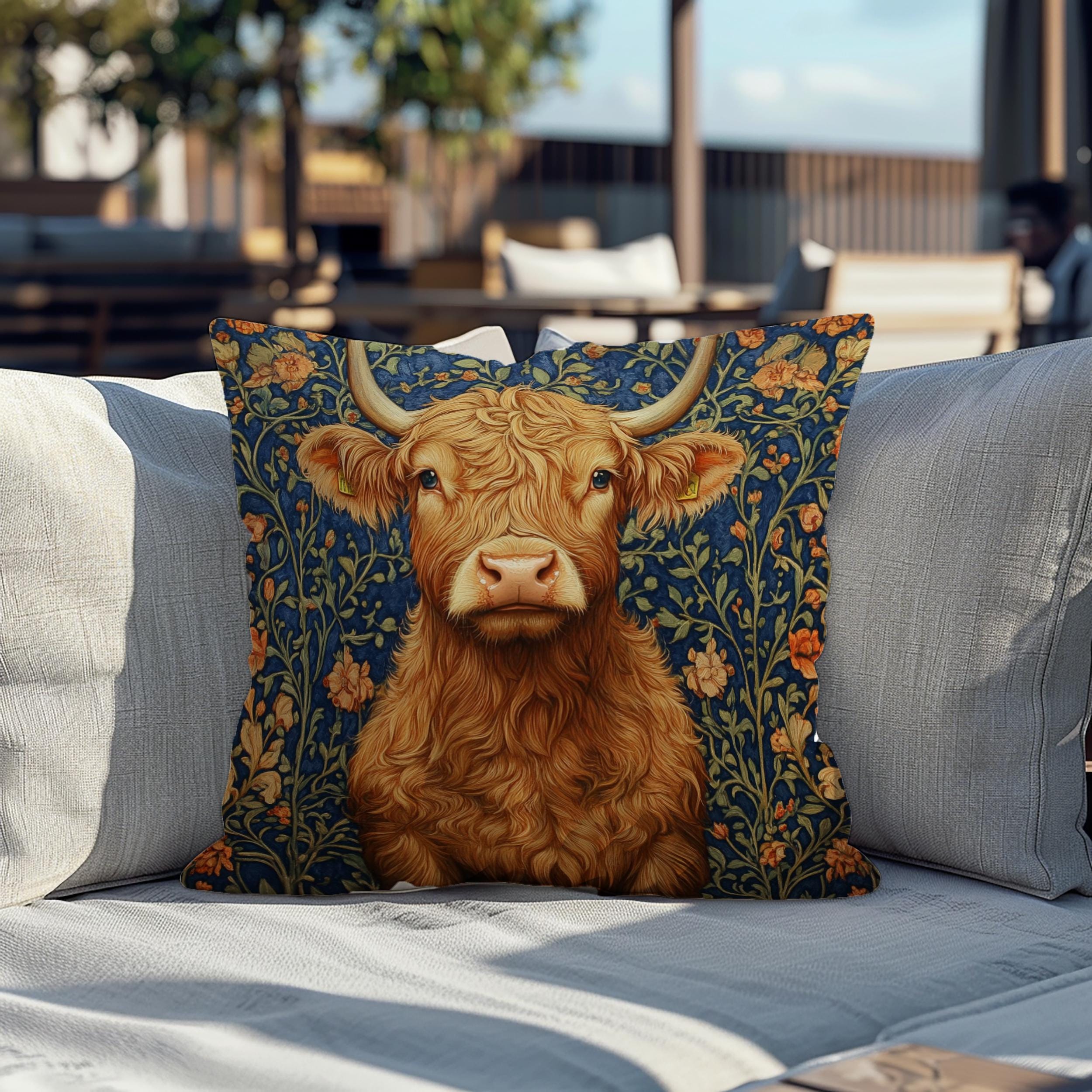 Highland Cow Floral Throw Pillow, Vintage Farm Animal Cushion, Dark Moody Botanical Decor, Enchanted Cottage Accent Pillow