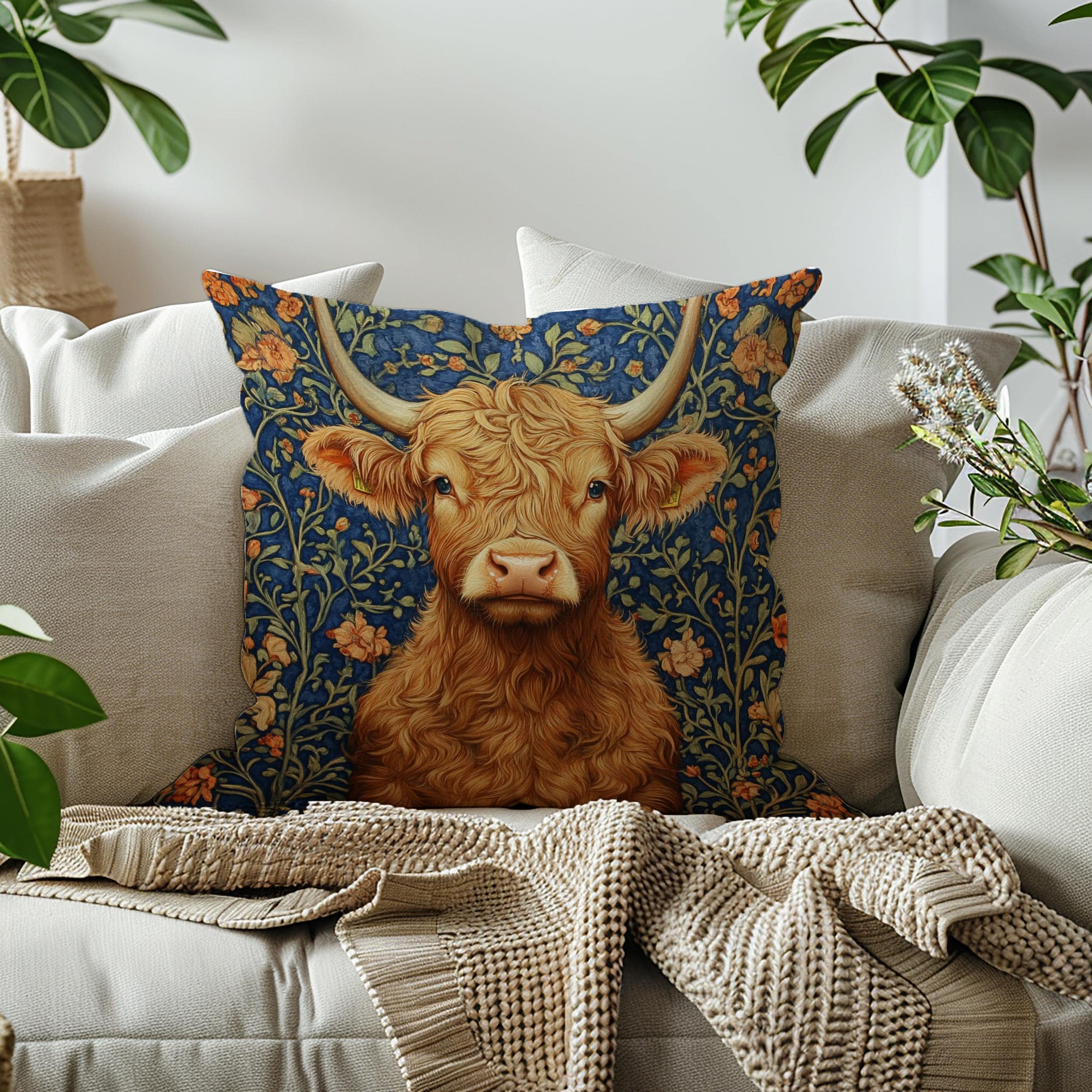 Highland Cow Floral Throw Pillow, Vintage Farm Animal Cushion, Dark Moody Botanical Decor, Enchanted Cottage Accent Pillow