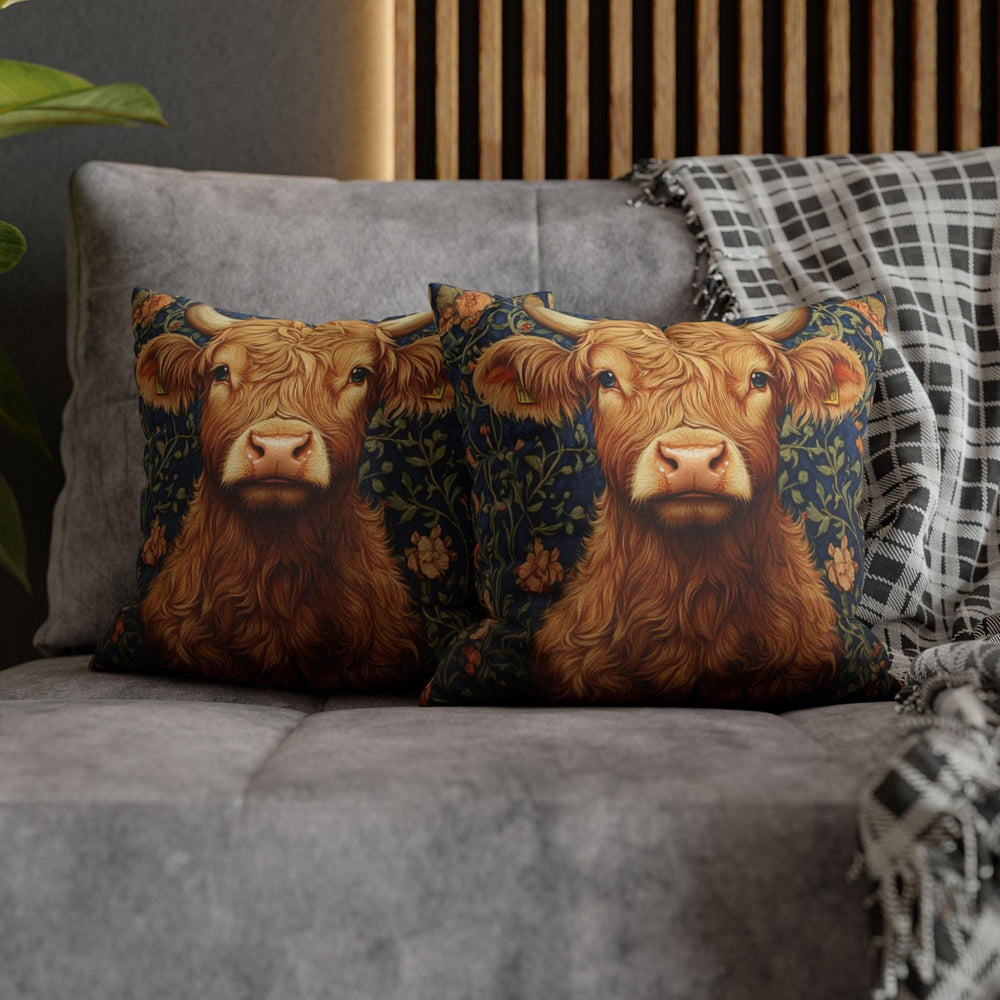 Highland Cow Floral Throw Pillow, Vintage Farm Animal Cushion, Dark Moody Botanical Decor, Enchanted Cottage Accent Pillow