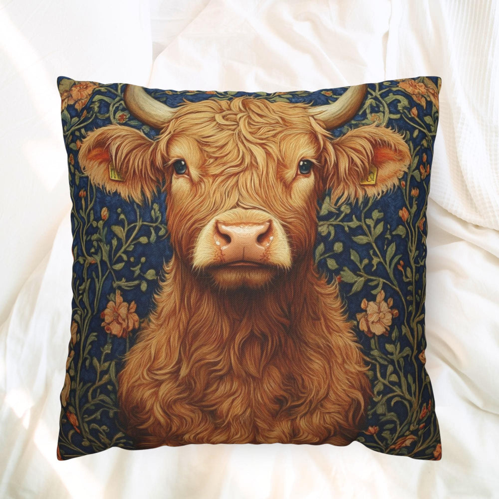 Highland Cow Floral Throw Pillow, Vintage Farm Animal Cushion, Dark Moody Botanical Decor, Enchanted Cottage Accent Pillow