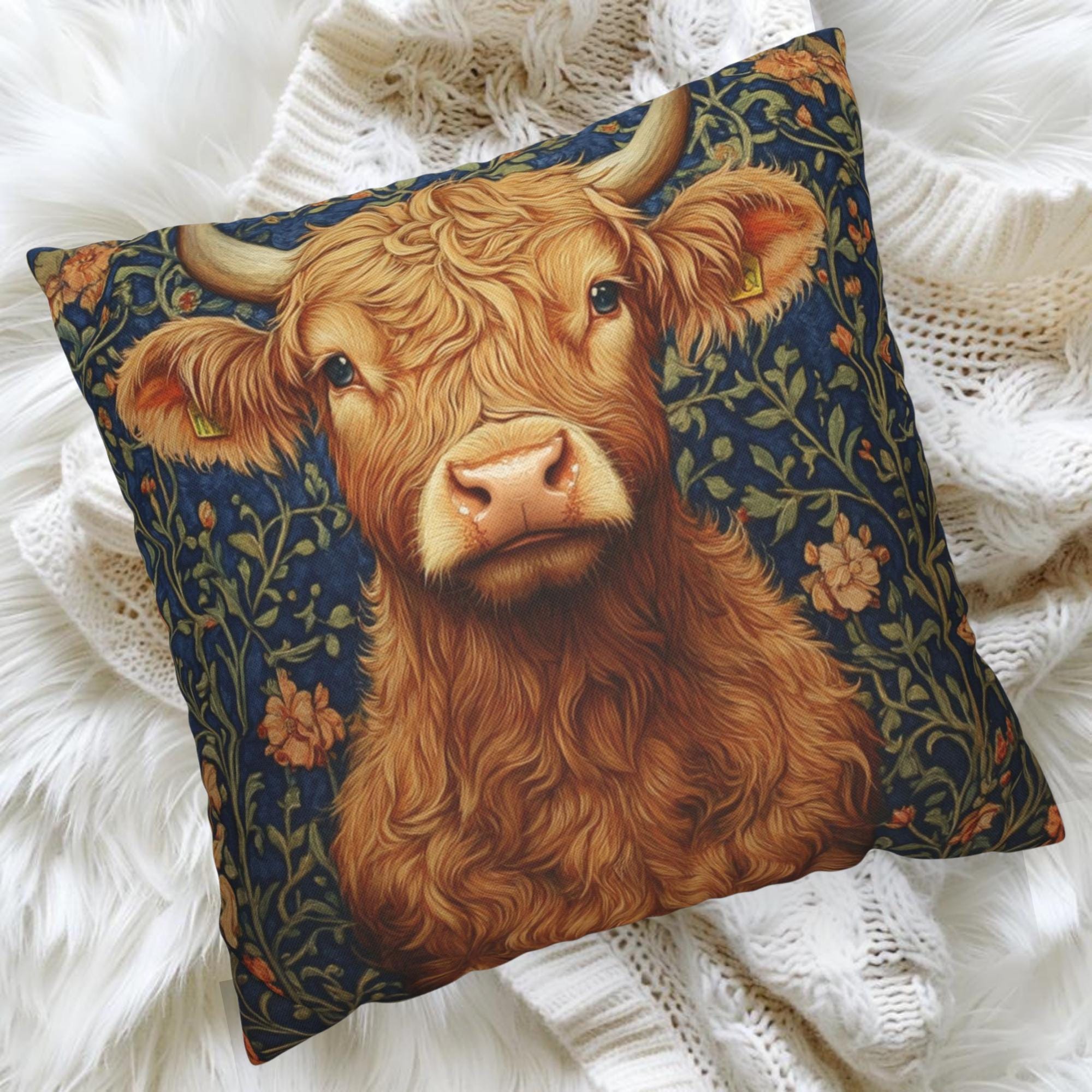 Highland Cow Floral Throw Pillow, Vintage Farm Animal Cushion, Dark Moody Botanical Decor, Enchanted Cottage Accent Pillow