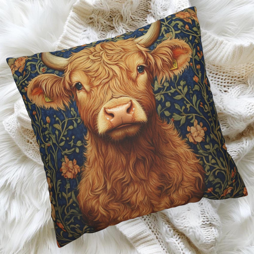 Highland Cow Floral Throw Pillow, Vintage Farm Animal Cushion, Dark Moody Botanical Decor, Enchanted Cottage Accent Pillow