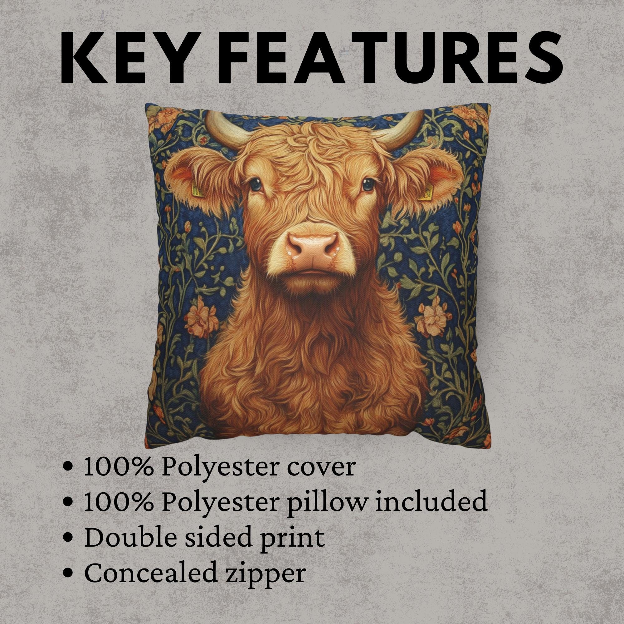 Highland Cow Floral Throw Pillow, Vintage Farm Animal Cushion, Dark Moody Botanical Decor, Enchanted Cottage Accent Pillow