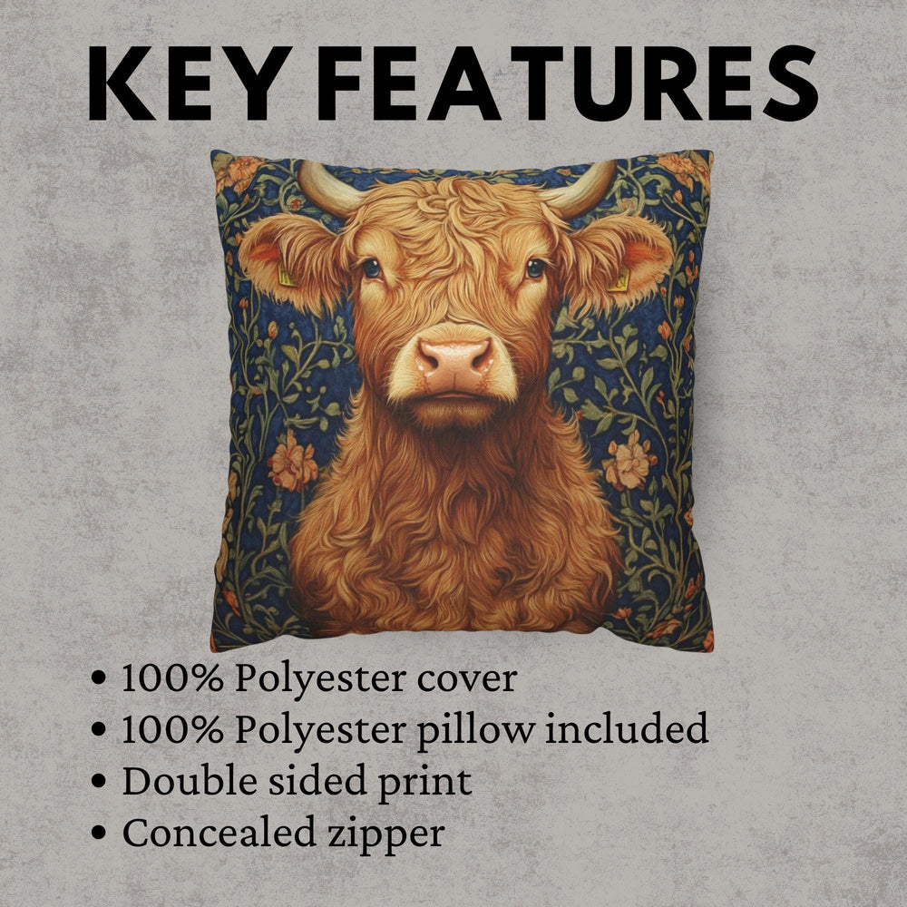 Highland Cow Floral Throw Pillow, Vintage Farm Animal Cushion, Dark Moody Botanical Decor, Enchanted Cottage Accent Pillow