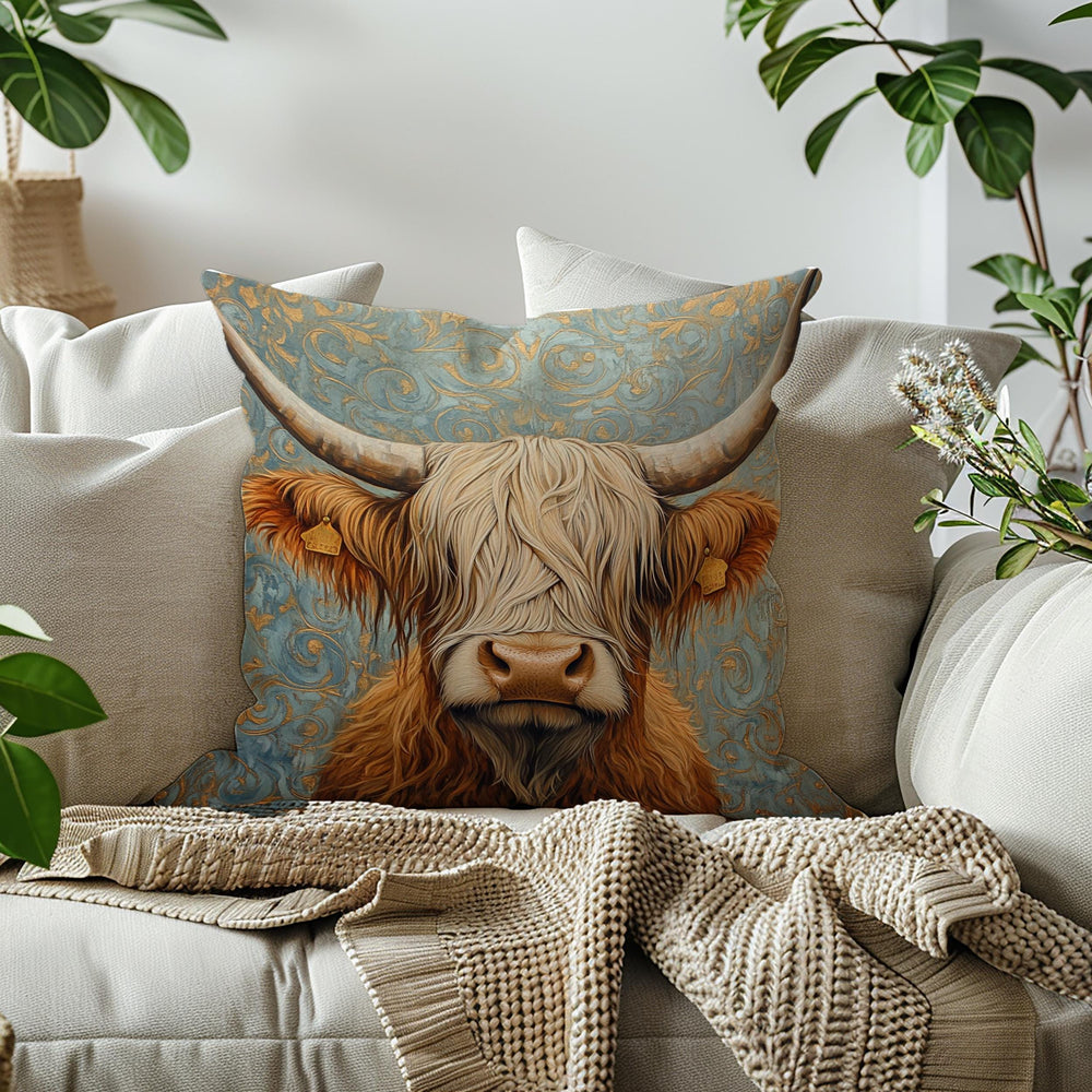 Highland Cow Throw Pillow, Vintage Farm Animal Cushion, Dark Elegant Botanical Decor, Enchanted Cottage Accent Pillow