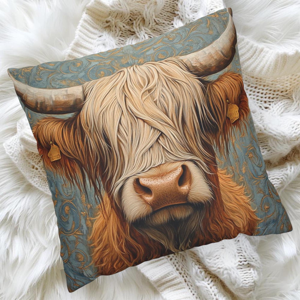 Highland Cow Throw Pillow, Vintage Farm Animal Cushion, Dark Elegant Botanical Decor, Enchanted Cottage Accent Pillow