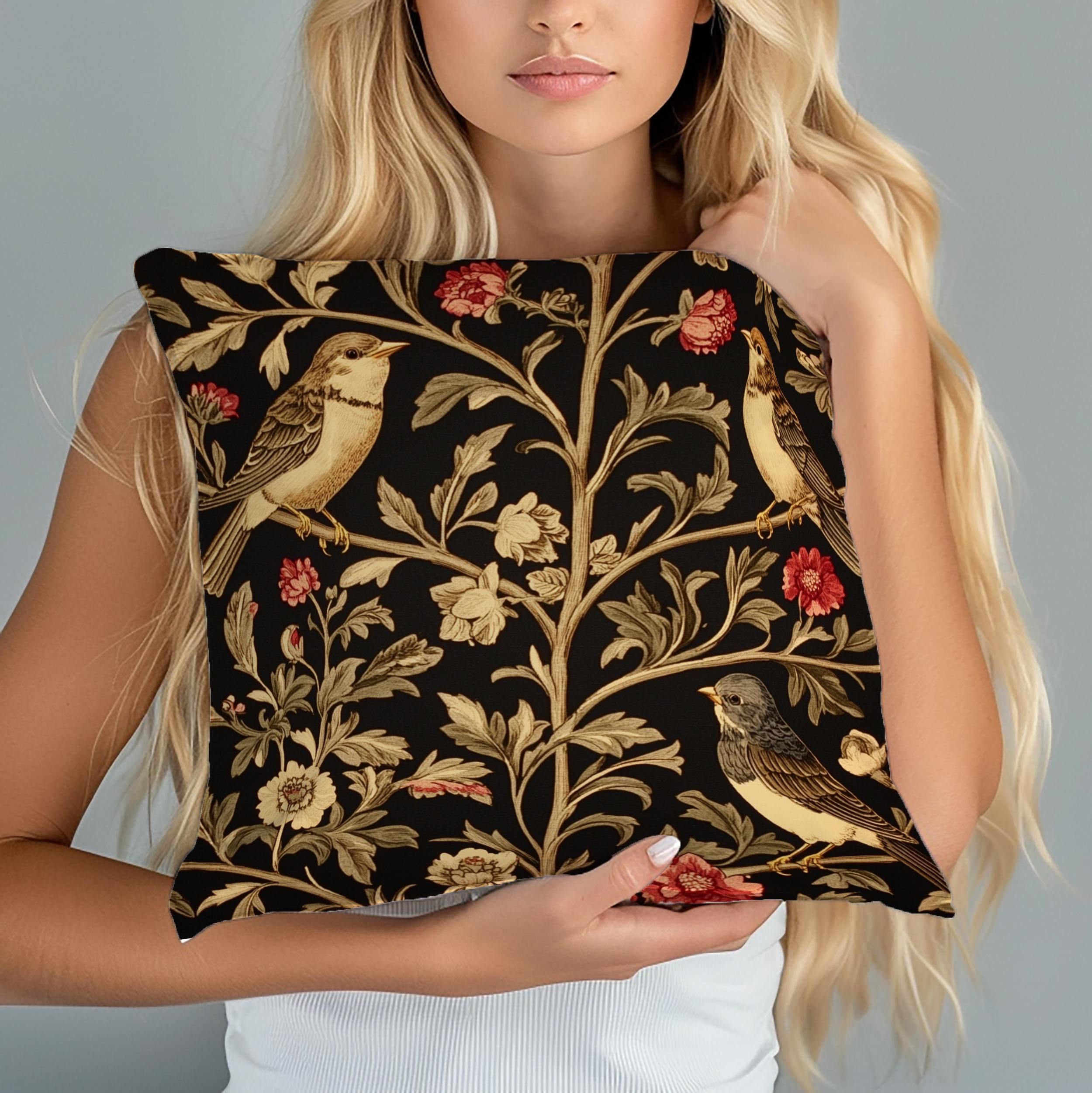 Vintage Love Birds Throw Pillow, Botanical Floral Bird Cushion, Dark Romantic Nature Decor, Enchanted Garden Accent Pillow
