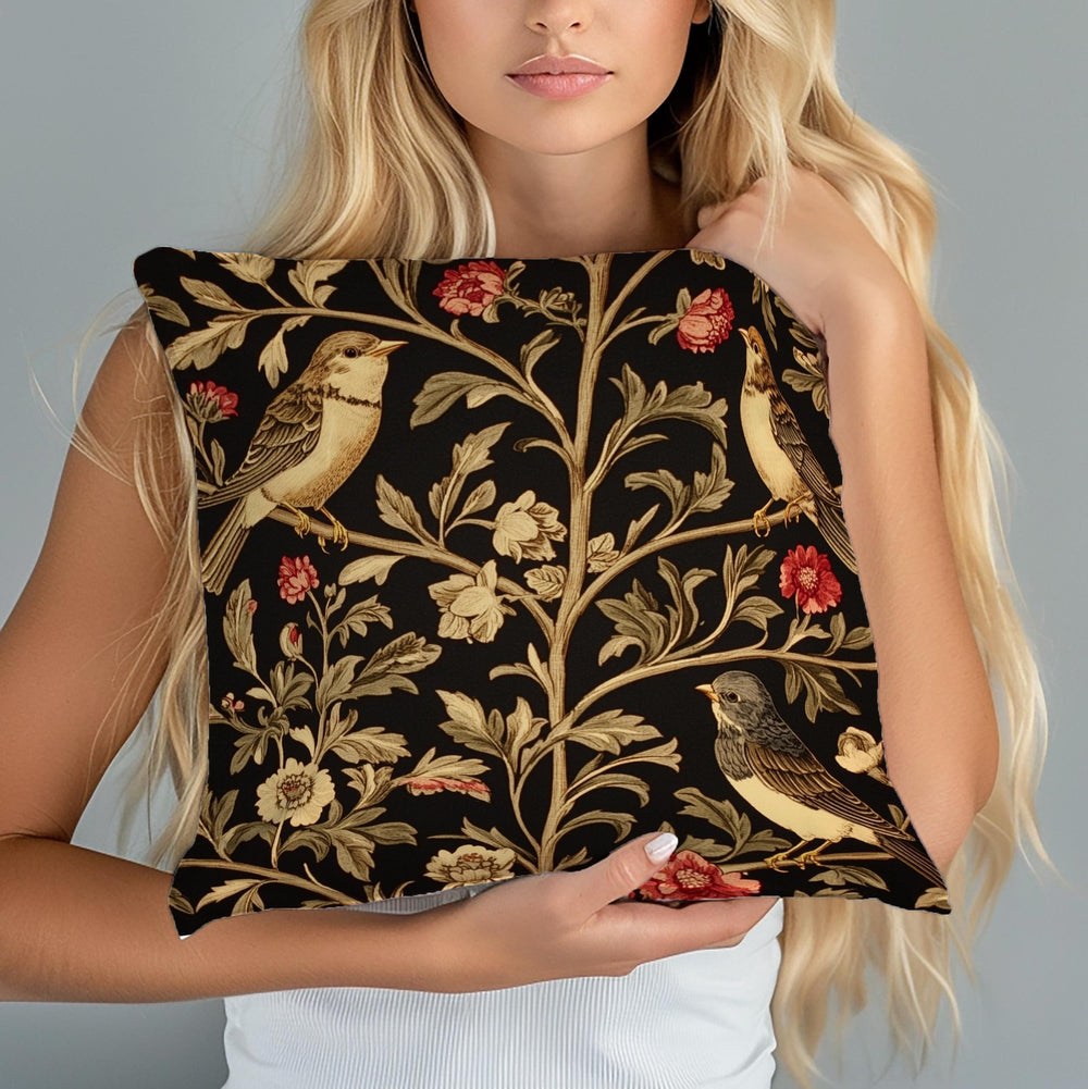 Vintage Love Birds Throw Pillow, Botanical Floral Bird Cushion, Dark Romantic Nature Decor, Enchanted Garden Accent Pillow