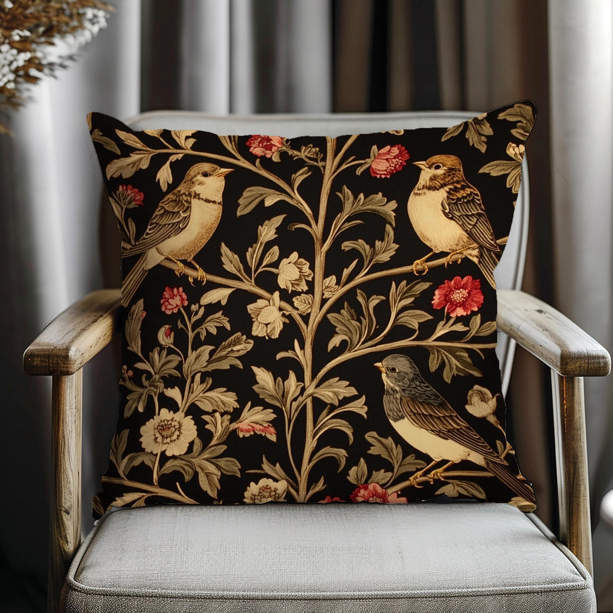 Vintage Love Birds Throw Pillow, Botanical Floral Bird Cushion, Dark Romantic Nature Decor, Enchanted Garden Accent Pillow