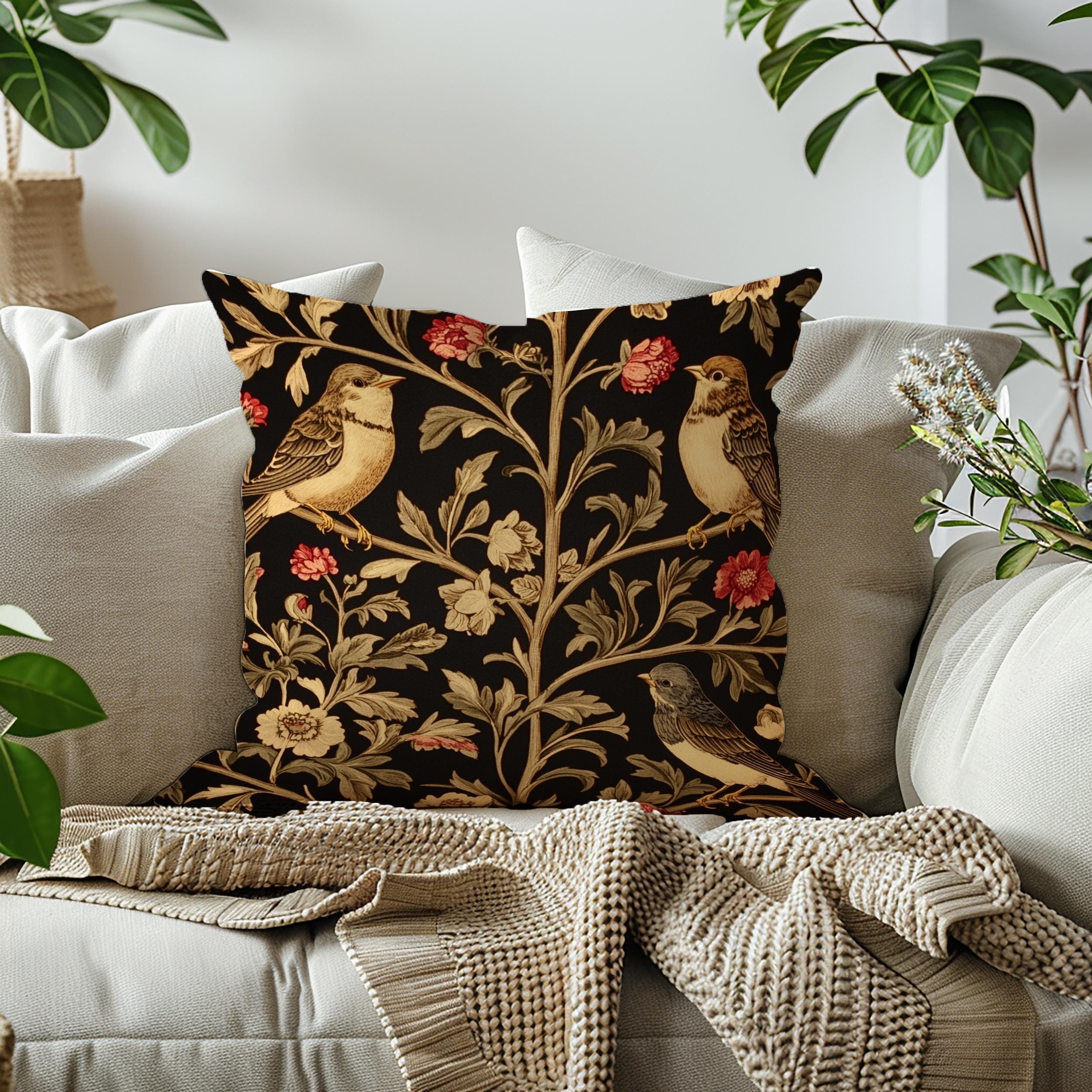 Vintage Love Birds Throw Pillow, Botanical Floral Bird Cushion, Dark Romantic Nature Decor, Enchanted Garden Accent Pillow