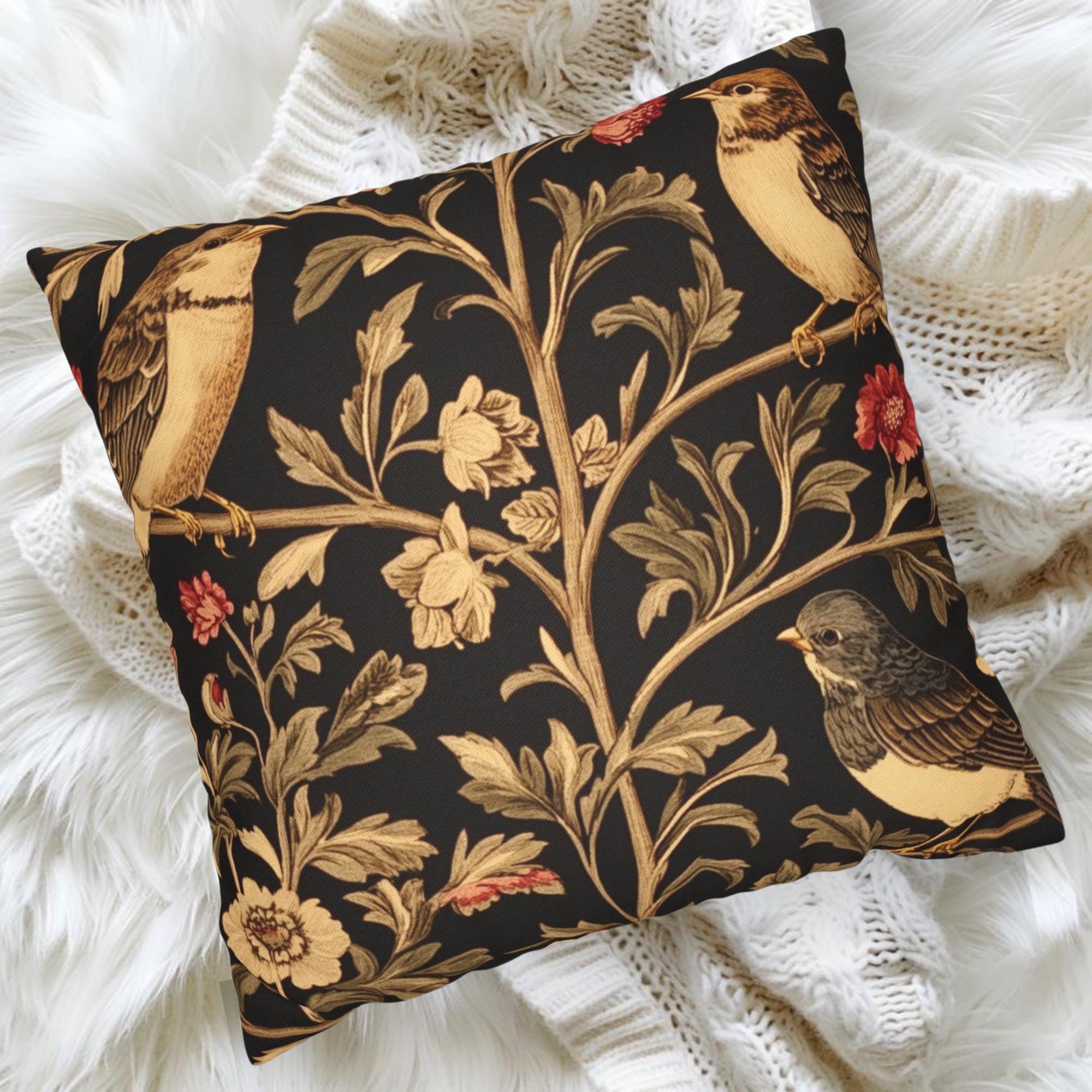 Vintage Love Birds Throw Pillow, Botanical Floral Bird Cushion, Dark Romantic Nature Decor, Enchanted Garden Accent Pillow