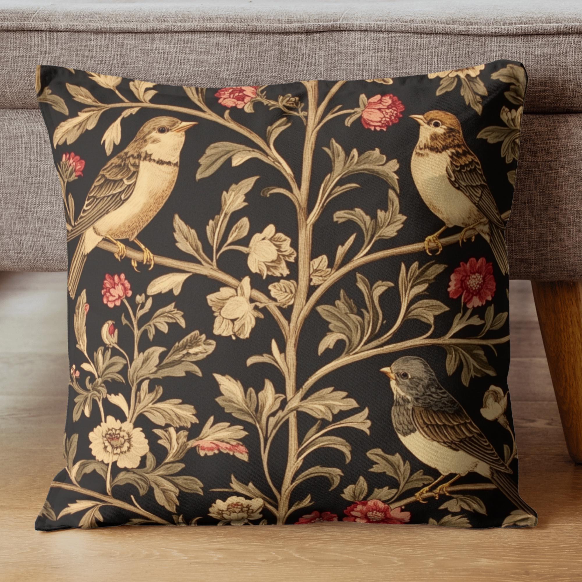 Vintage Love Birds Throw Pillow, Botanical Floral Bird Cushion, Dark Romantic Nature Decor, Enchanted Garden Accent Pillow