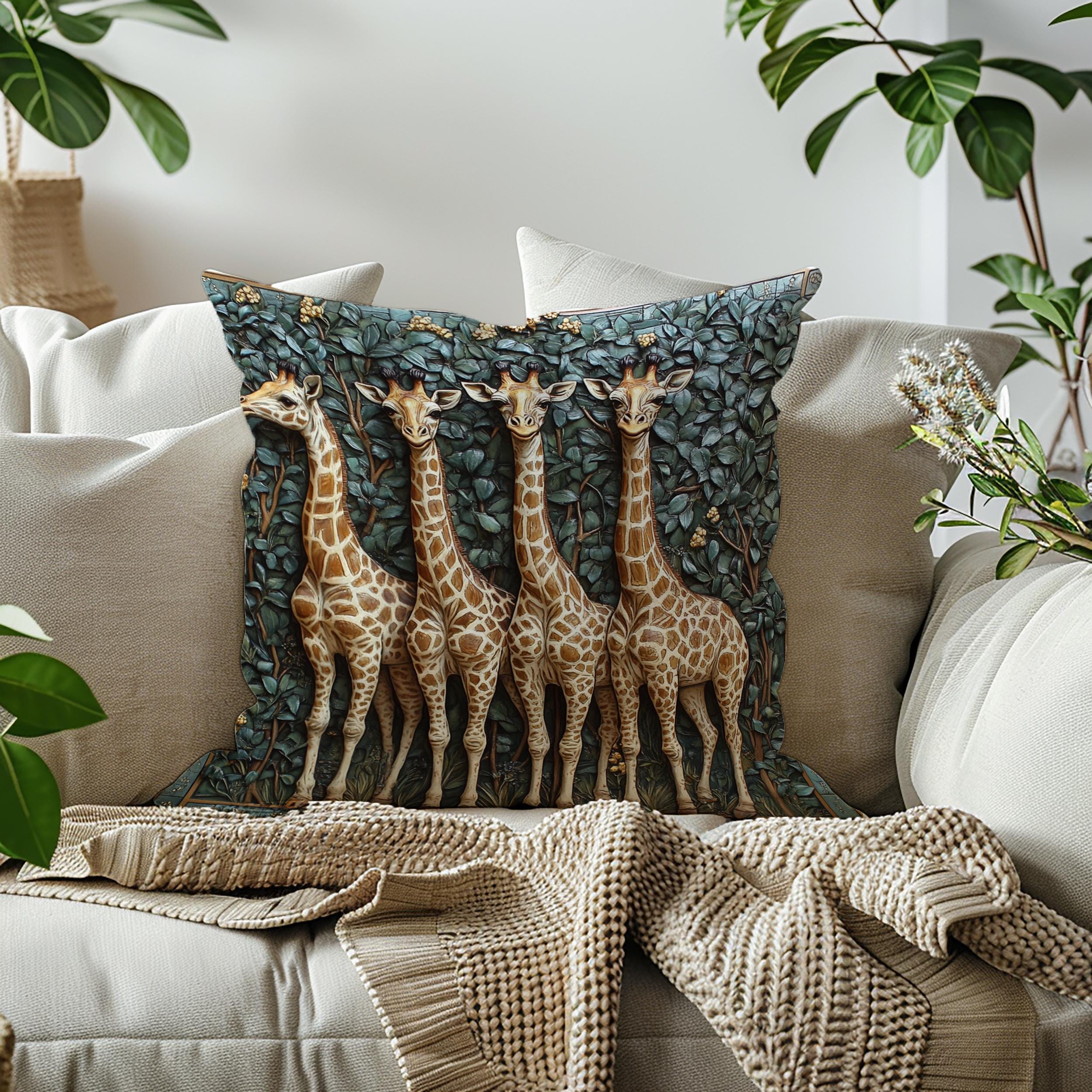 Whimsical Giraffe Family Throw Pillow, Vintage Safari Animal Cushion, Botanical Wildlife Nature Decor, Storybook Accent Pillow