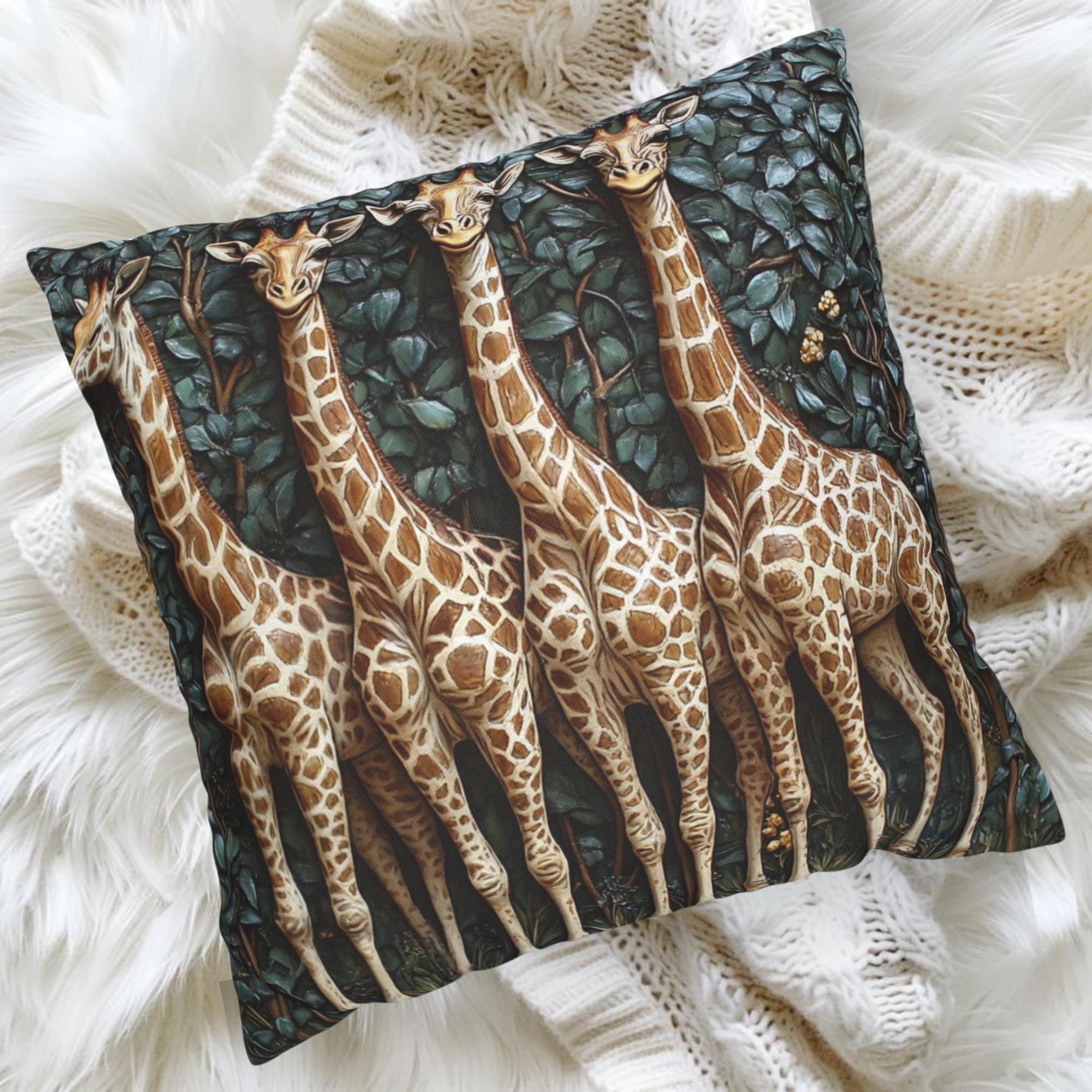 Whimsical Giraffe Family Throw Pillow, Vintage Safari Animal Cushion, Botanical Wildlife Nature Decor, Storybook Accent Pillow
