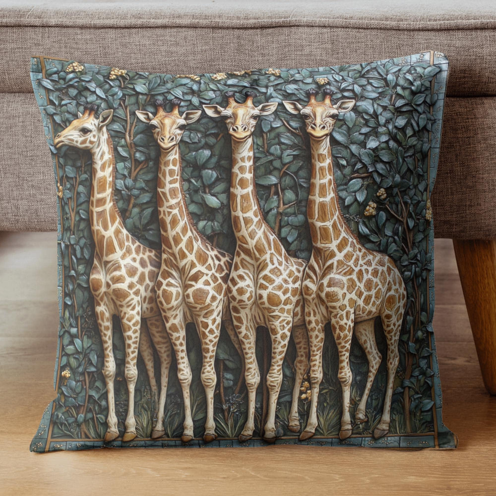 Whimsical Giraffe Family Throw Pillow, Vintage Safari Animal Cushion, Botanical Wildlife Nature Decor, Storybook Accent Pillow