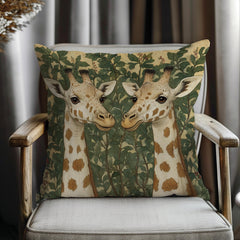 Gentle Giraffe Pair Throw Pillow, Vintage Botanical Wildlife Cushion, Neutral Nature Decor, Storybook Garden Accent Pillow
