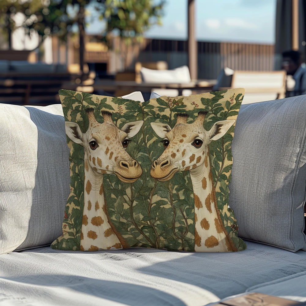 Gentle Giraffe Pair Throw Pillow, Vintage Botanical Wildlife Cushion, Neutral Nature Decor, Storybook Garden Accent Pillow