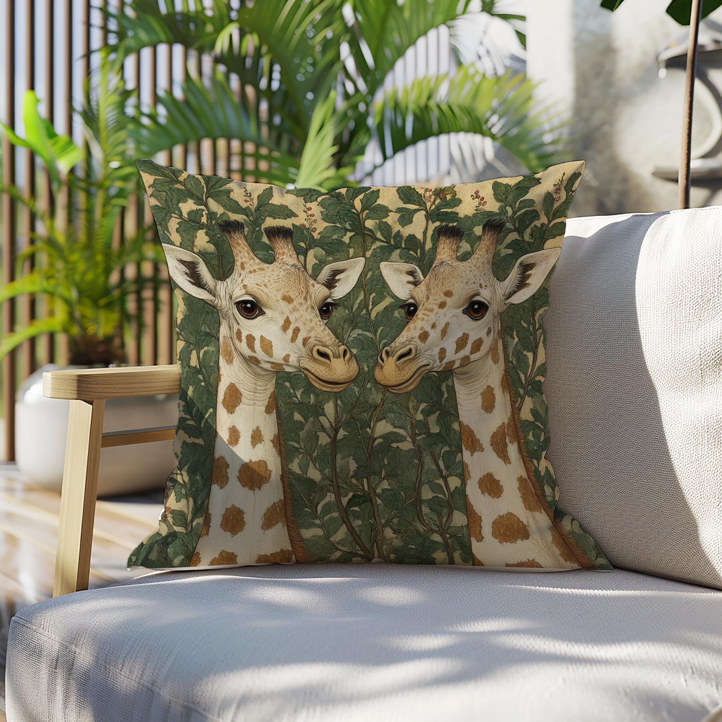 Gentle Giraffe Pair Throw Pillow, Vintage Botanical Wildlife Cushion, Neutral Nature Decor, Storybook Garden Accent Pillow
