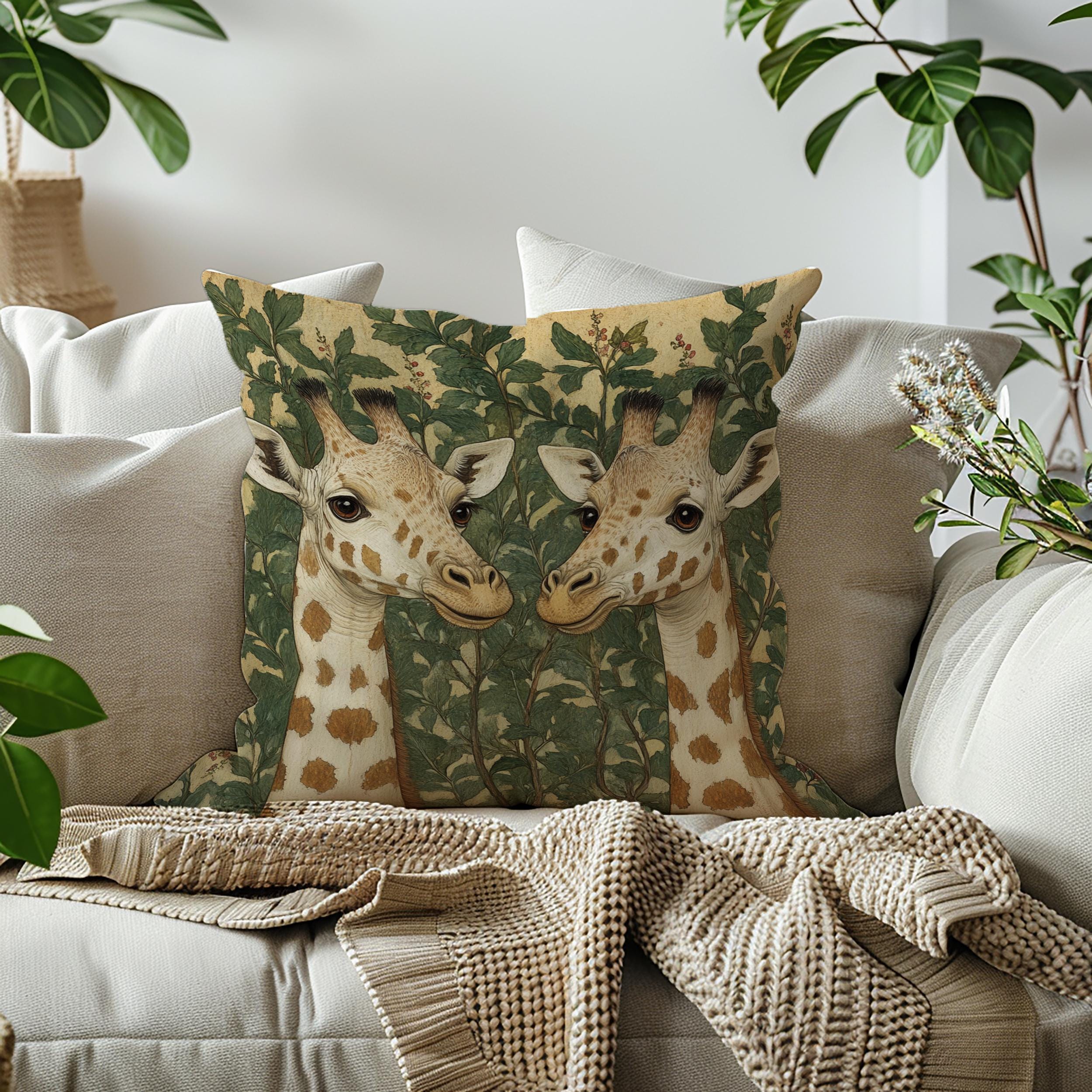 Gentle Giraffe Pair Throw Pillow, Vintage Botanical Wildlife Cushion, Neutral Nature Decor, Storybook Garden Accent Pillow