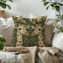 Gentle Giraffe Pair Throw Pillow, Vintage Botanical Wildlife Cushion, Neutral Nature Decor, Storybook Garden Accent Pillow