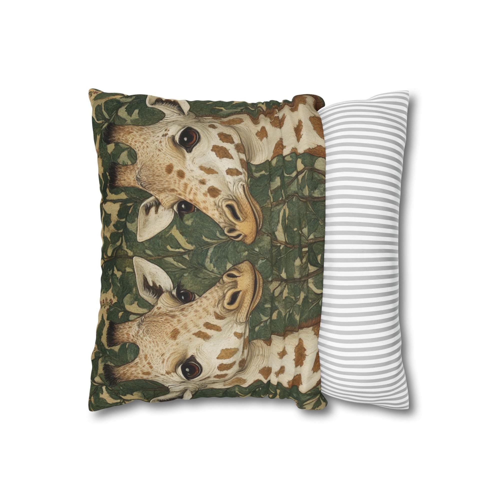 Gentle Giraffe Pair Throw Pillow, Vintage Botanical Wildlife Cushion, Neutral Nature Decor, Storybook Garden Accent Pillow