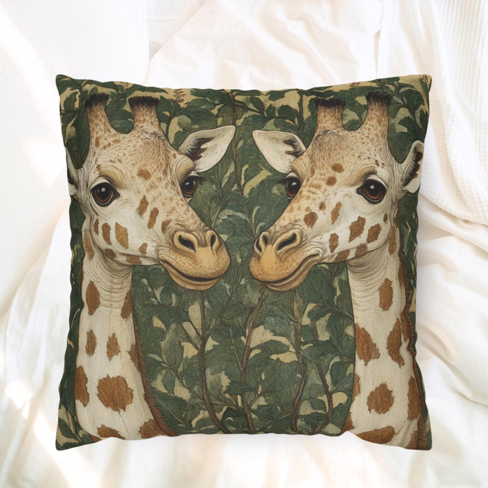 Gentle Giraffe Pair Throw Pillow, Vintage Botanical Wildlife Cushion, Neutral Nature Decor, Storybook Garden Accent Pillow