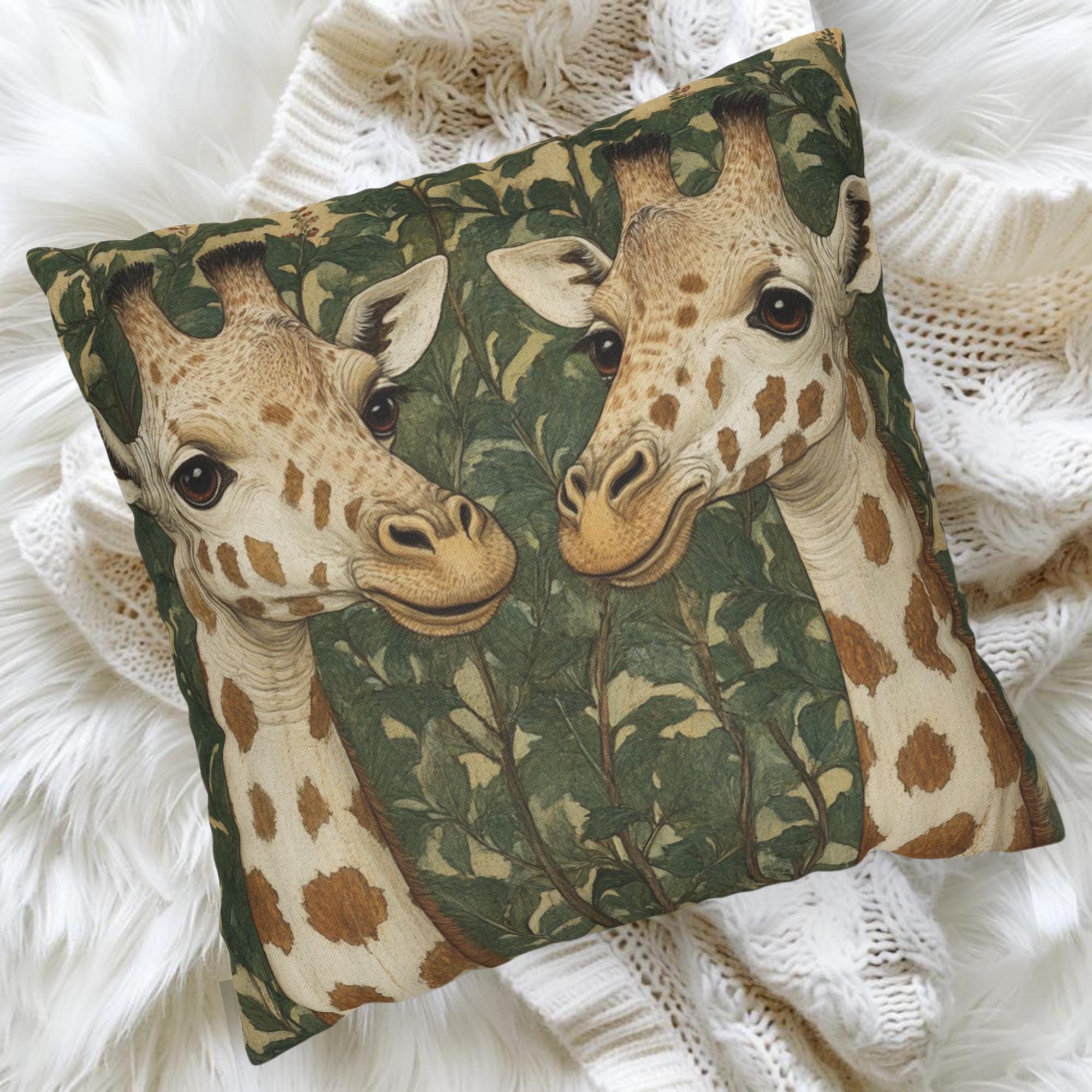 Gentle Giraffe Pair Throw Pillow, Vintage Botanical Wildlife Cushion, Neutral Nature Decor, Storybook Garden Accent Pillow