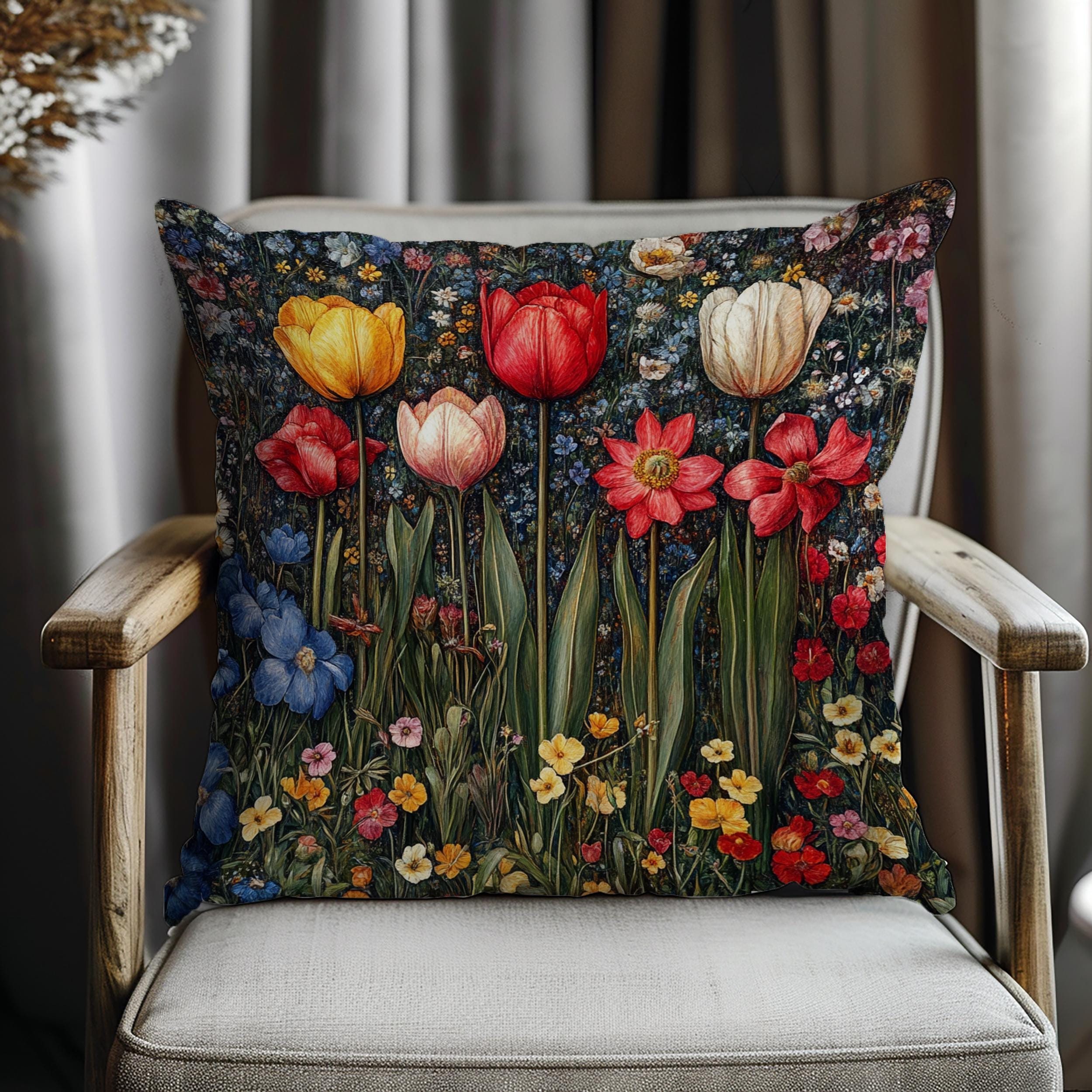 Colorful Spring Tulip Throw Pillow, Vintage Wildflower Garden Cushion, Bright Botanical Decor, Floral Meadow Accent Pillow