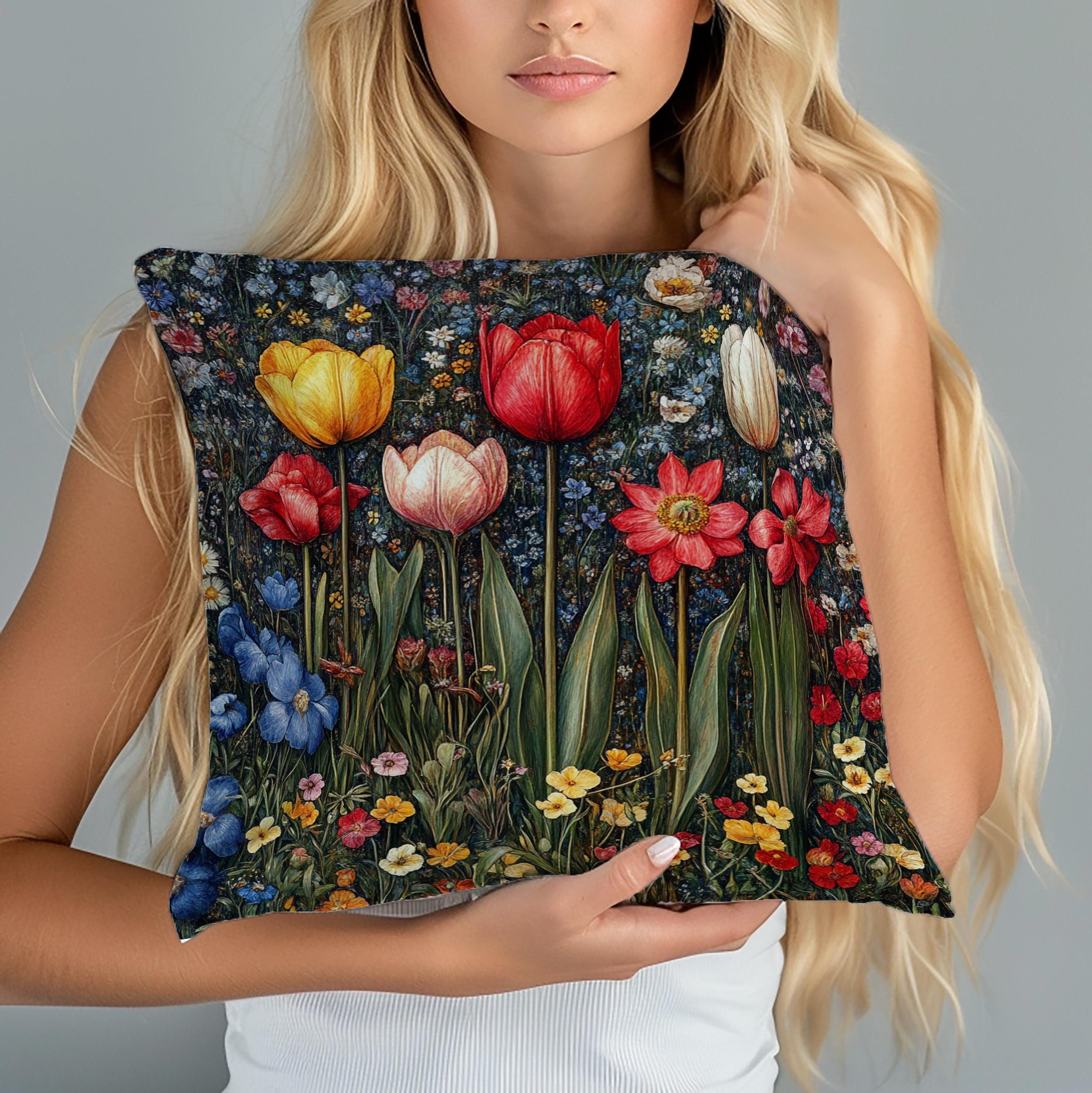 Colorful Spring Tulip Throw Pillow, Vintage Wildflower Garden Cushion, Bright Botanical Decor, Floral Meadow Accent Pillow