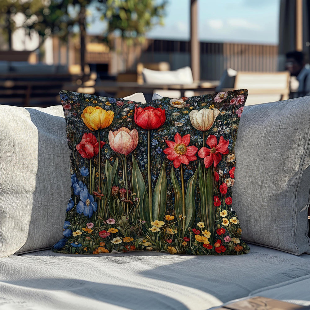 Colorful Spring Tulip Throw Pillow, Vintage Wildflower Garden Cushion, Bright Botanical Decor, Floral Meadow Accent Pillow