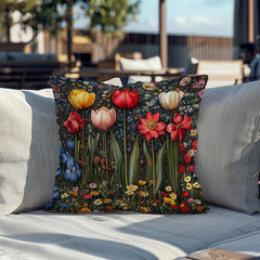 Colorful Spring Tulip Throw Pillow, Vintage Wildflower Garden Cushion, Bright Botanical Decor, Floral Meadow Accent Pillow