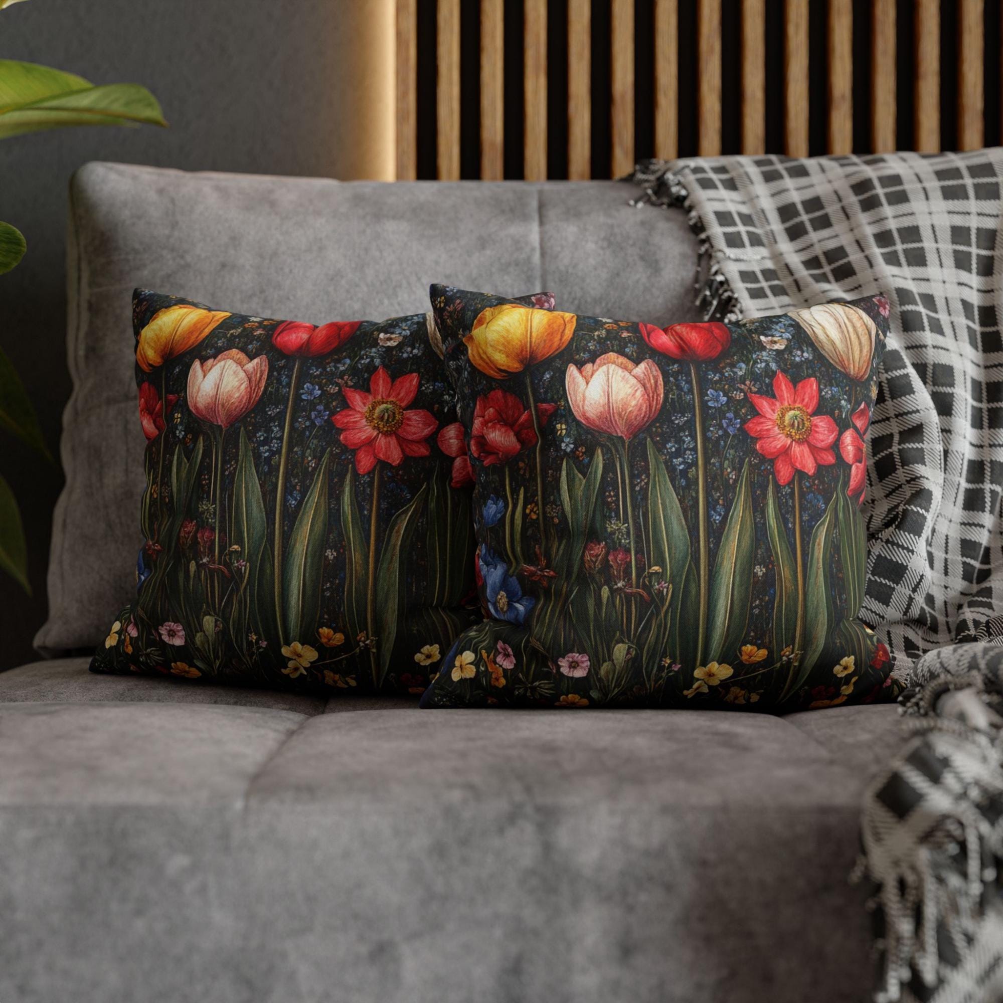 Colorful Spring Tulip Throw Pillow, Vintage Wildflower Garden Cushion, Bright Botanical Decor, Floral Meadow Accent Pillow