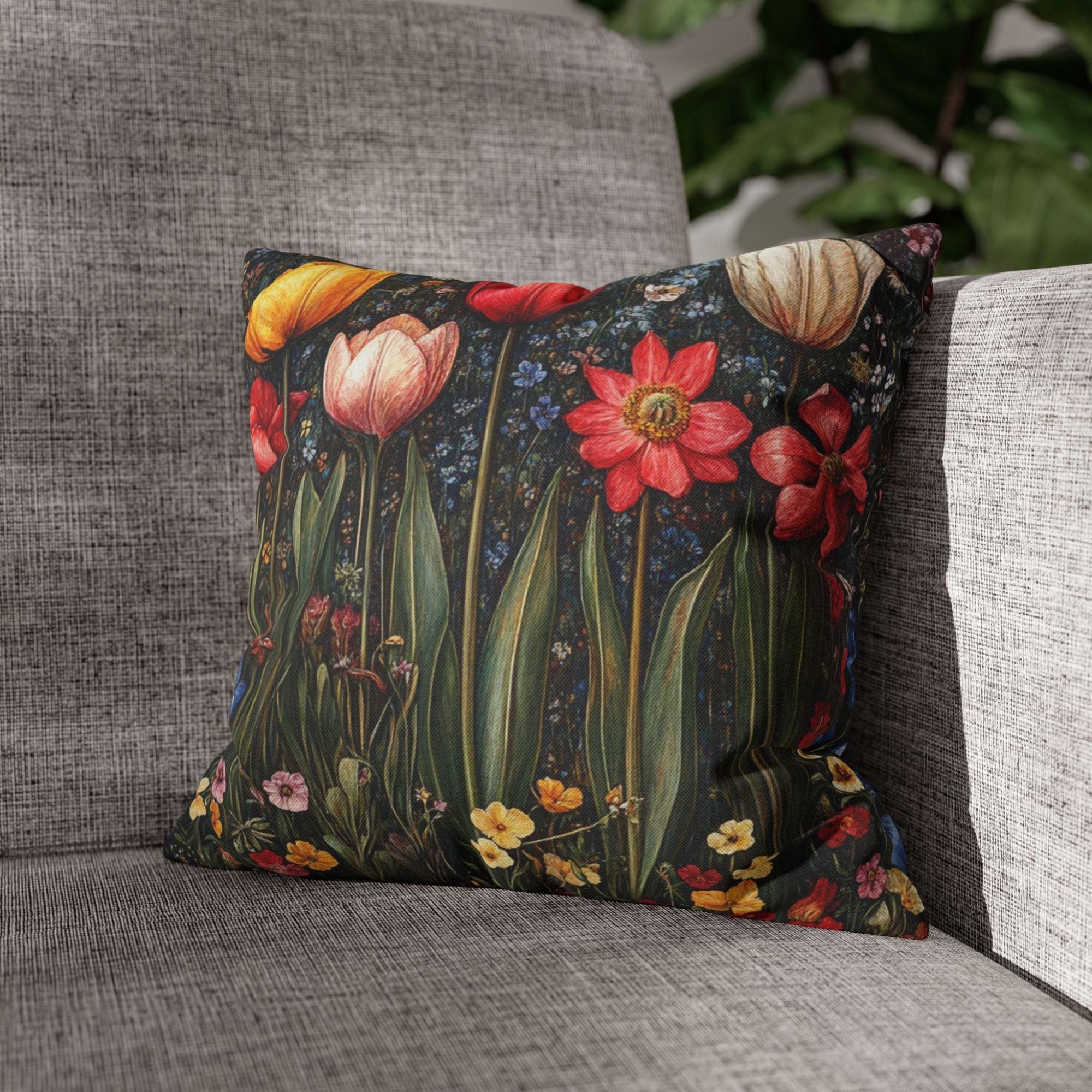 Colorful Spring Tulip Throw Pillow, Vintage Wildflower Garden Cushion, Bright Botanical Decor, Floral Meadow Accent Pillow
