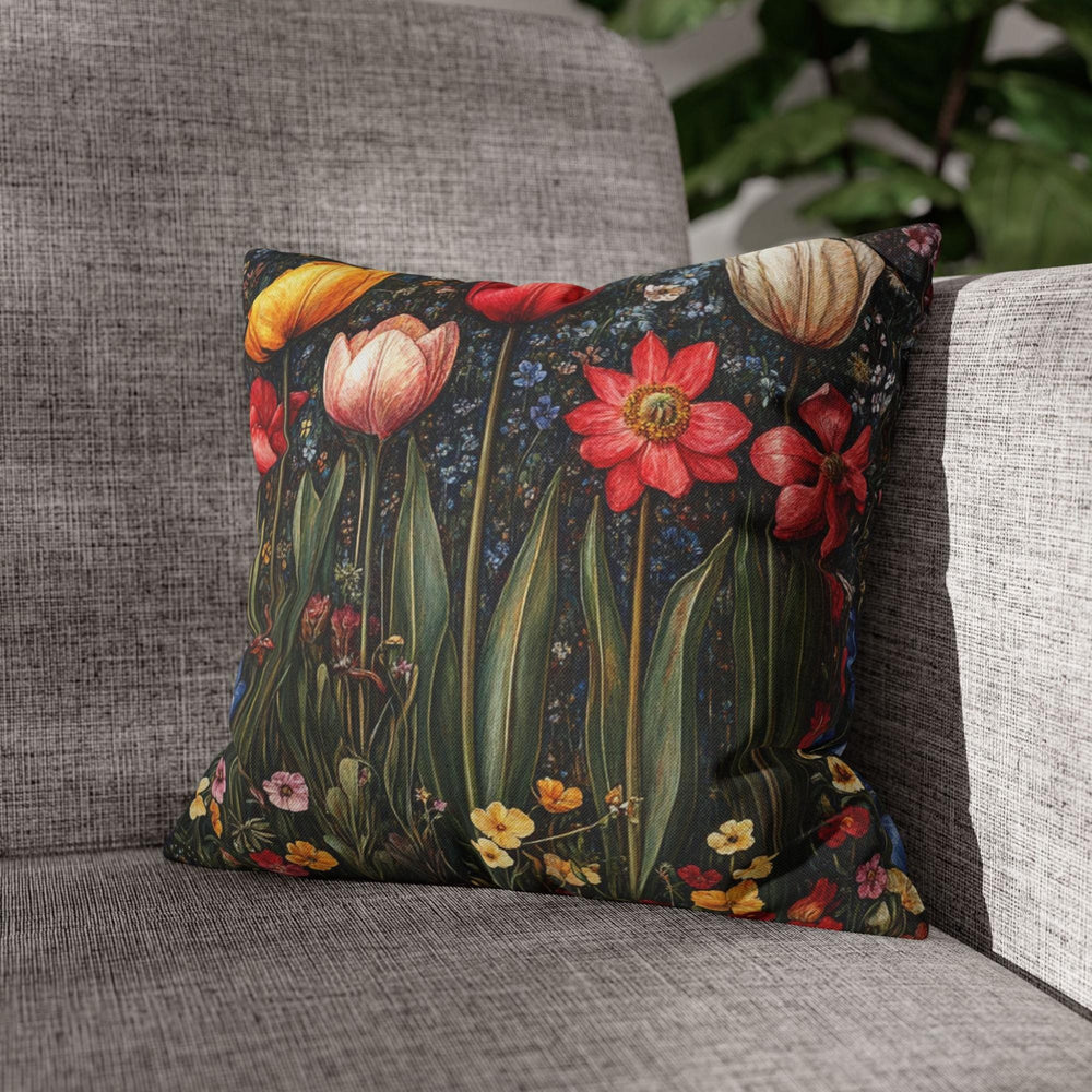 Colorful Spring Tulip Throw Pillow, Vintage Wildflower Garden Cushion, Bright Botanical Decor, Floral Meadow Accent Pillow