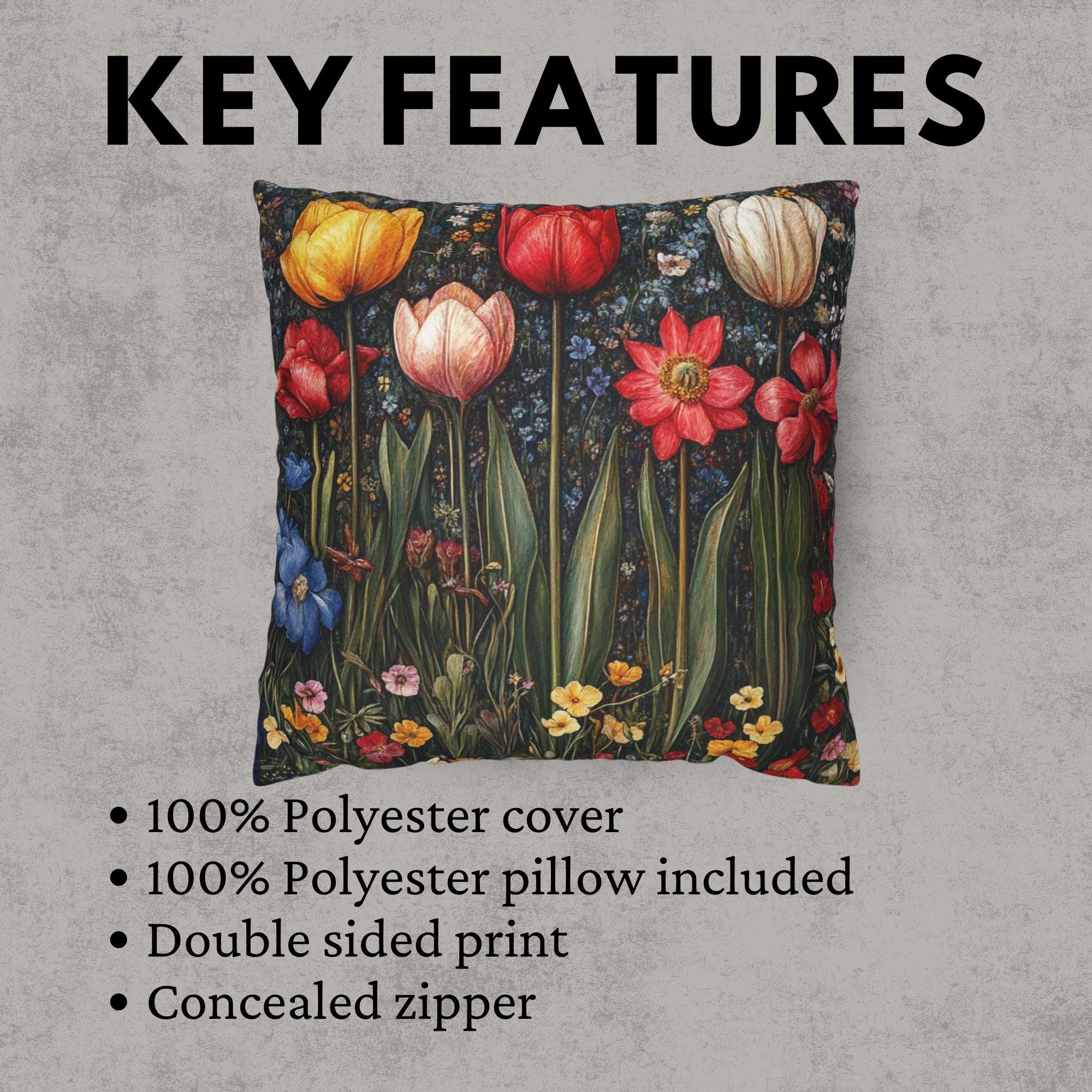Colorful Spring Tulip Throw Pillow, Vintage Wildflower Garden Cushion, Bright Botanical Decor, Floral Meadow Accent Pillow