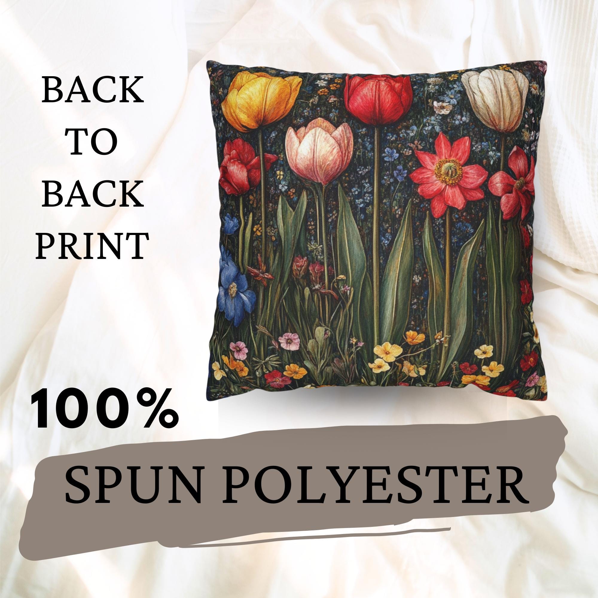 Colorful Spring Tulip Throw Pillow, Vintage Wildflower Garden Cushion, Bright Botanical Decor, Floral Meadow Accent Pillow