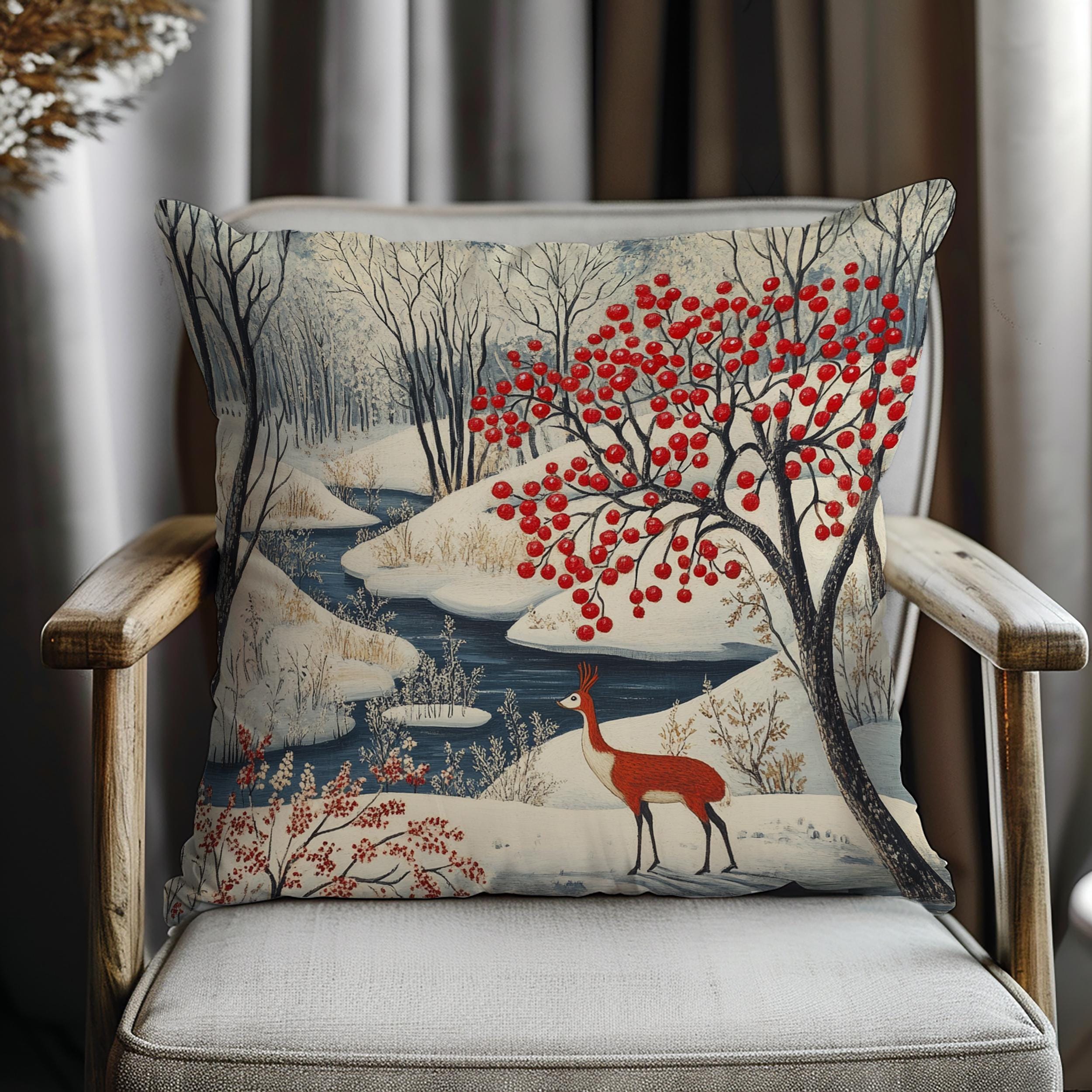 Winter Forest Deer Throw Pillow, Snowy Woodland Berry Tree Cushion, Folk Art Nature Decor, Cozy Nordic Accent Pillow