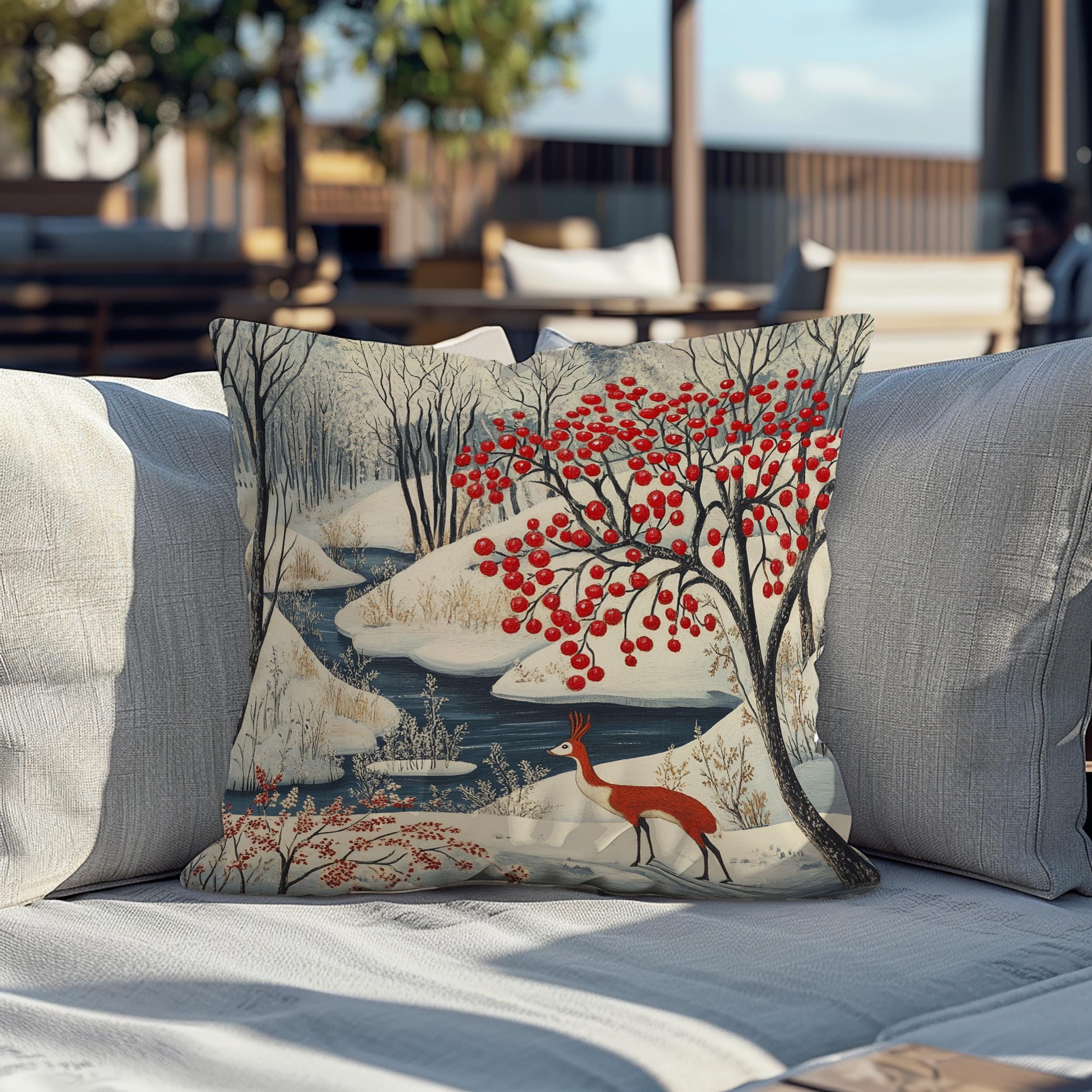 Winter Forest Deer Throw Pillow, Snowy Woodland Berry Tree Cushion, Folk Art Nature Decor, Cozy Nordic Accent Pillow