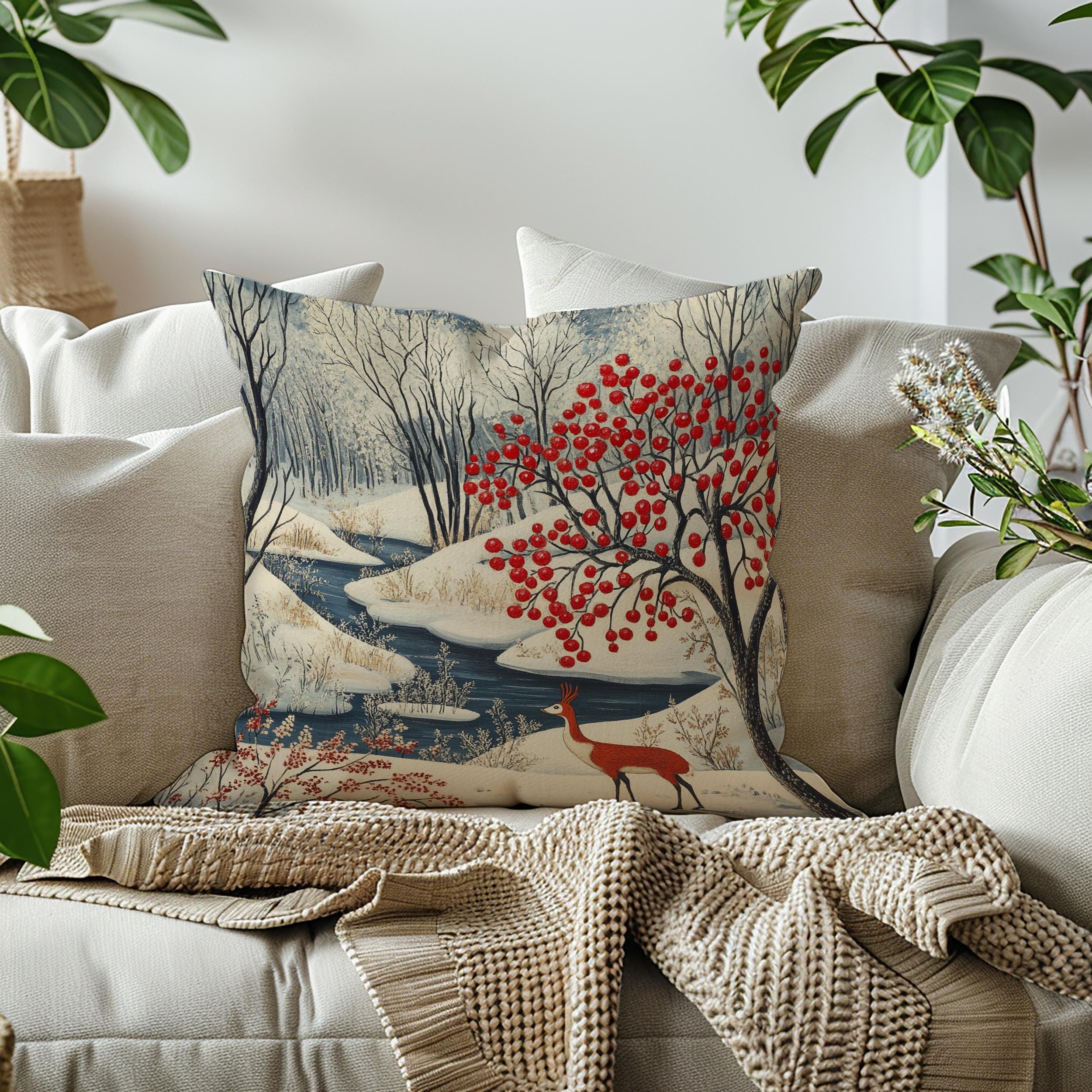 Winter Forest Deer Throw Pillow, Snowy Woodland Berry Tree Cushion, Folk Art Nature Decor, Cozy Nordic Accent Pillow