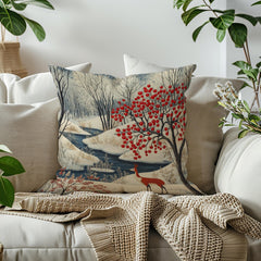 Winter Forest Deer Throw Pillow, Snowy Woodland Berry Tree Cushion, Folk Art Nature Decor, Cozy Nordic Accent Pillow