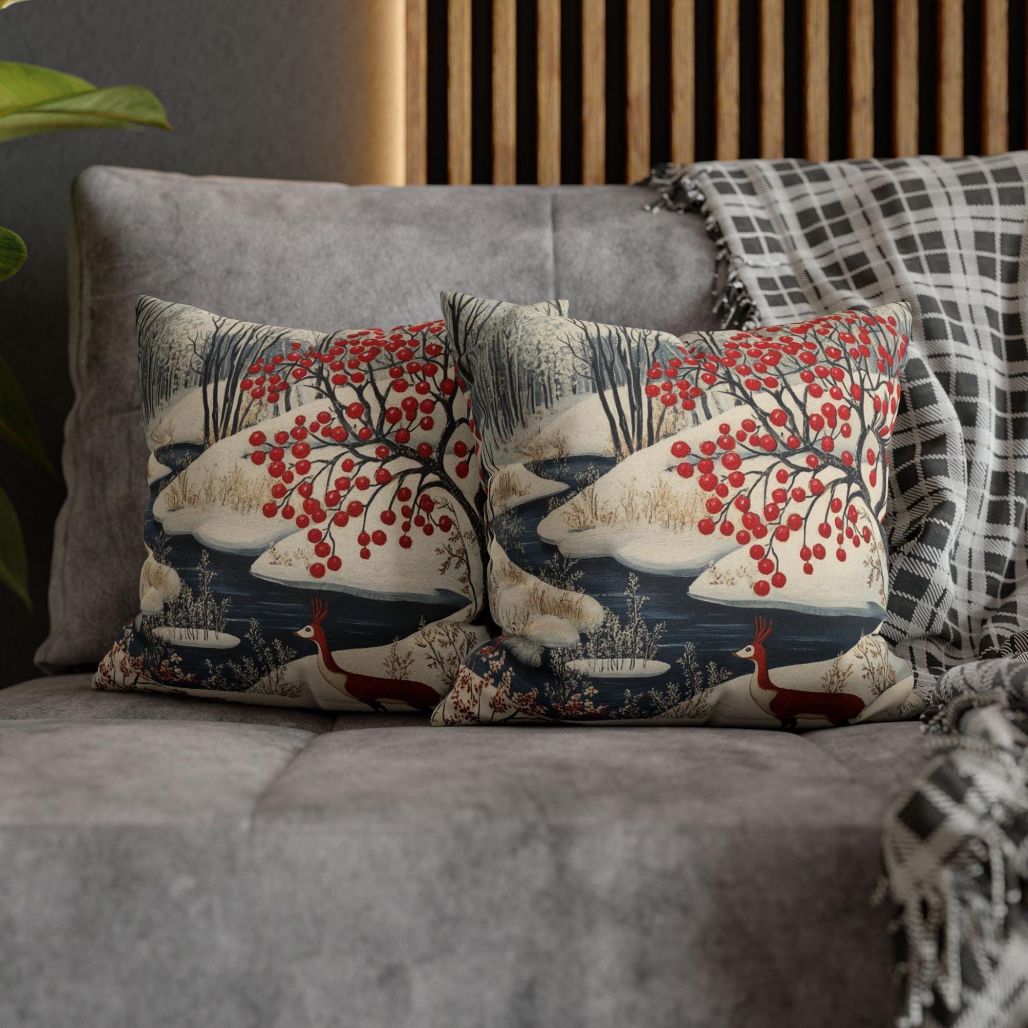 Winter Forest Deer Throw Pillow, Snowy Woodland Berry Tree Cushion, Folk Art Nature Decor, Cozy Nordic Accent Pillow