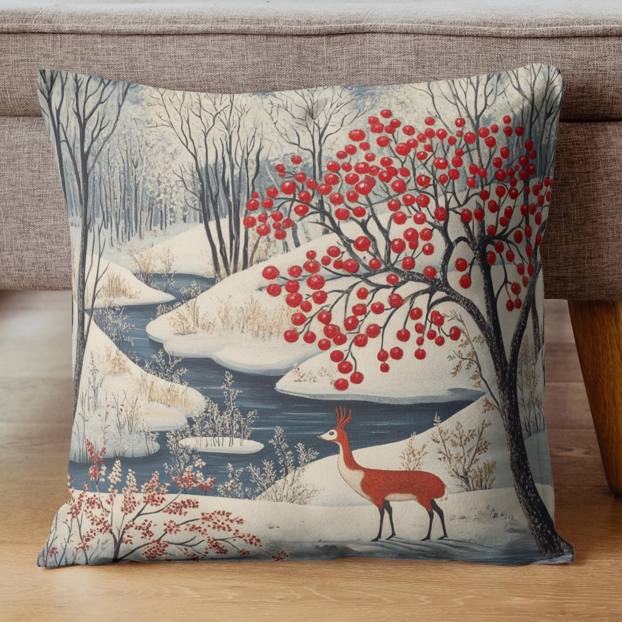 Winter Forest Deer Throw Pillow, Snowy Woodland Berry Tree Cushion, Folk Art Nature Decor, Cozy Nordic Accent Pillow