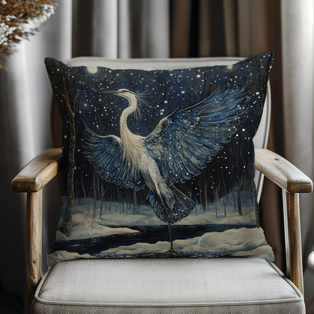 Winter Heron Moonlight Throw Pillow, Snowy Night Bird Cushion, Blue Woodland Wildlife Decor, Enchanted Forest Accent Pillow