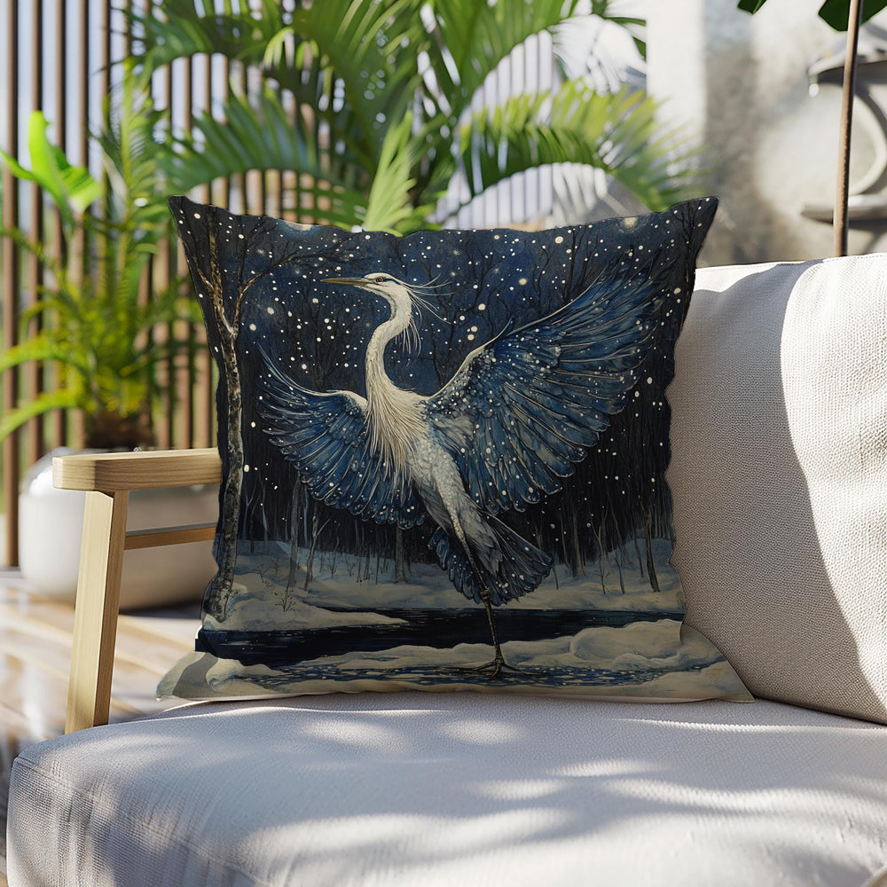 Winter Heron Moonlight Throw Pillow, Snowy Night Bird Cushion, Blue Woodland Wildlife Decor, Enchanted Forest Accent Pillow