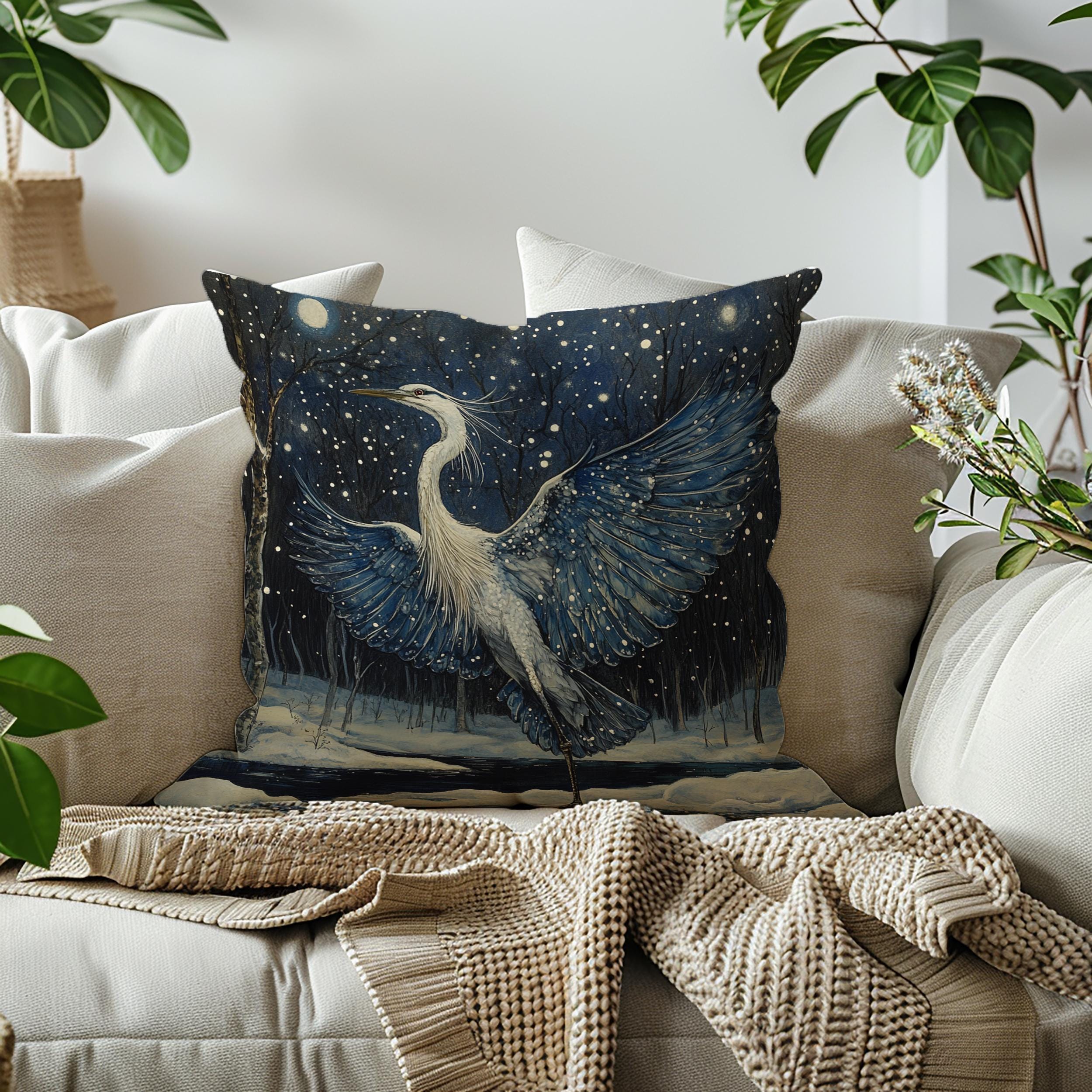 Winter Heron Moonlight Throw Pillow, Snowy Night Bird Cushion, Blue Woodland Wildlife Decor, Enchanted Forest Accent Pillow
