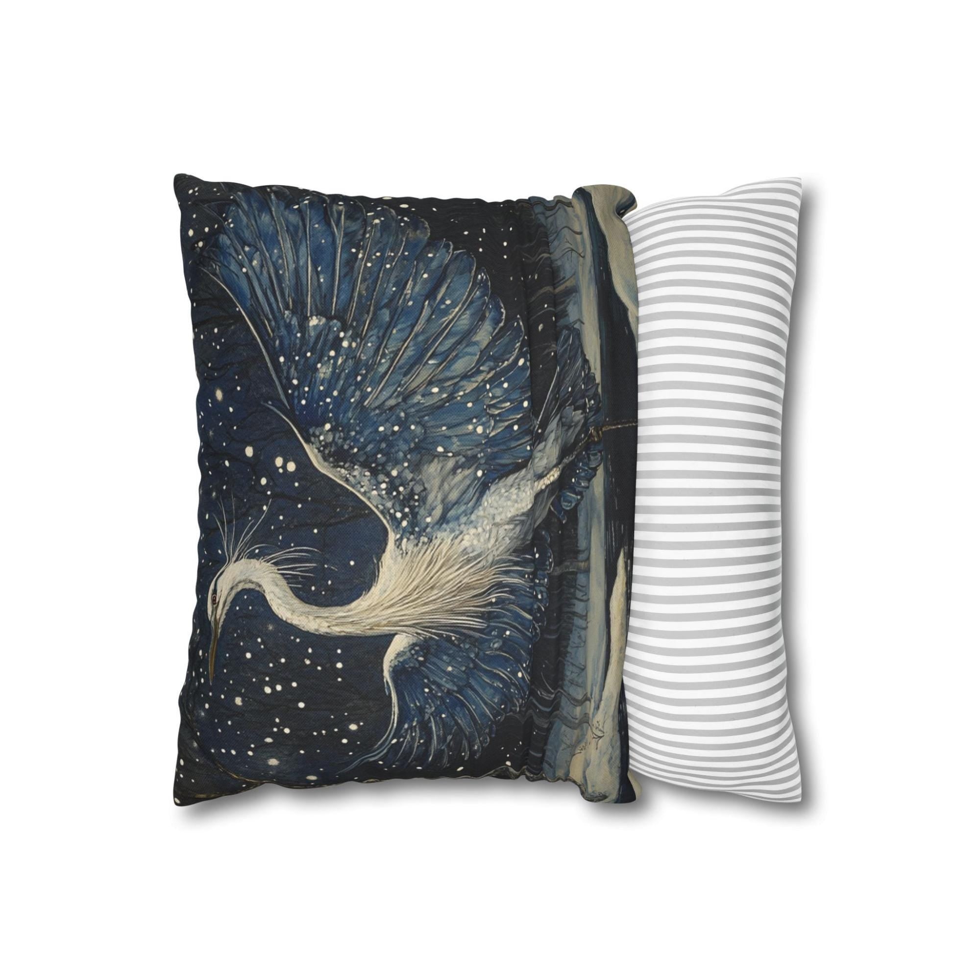 Winter Heron Moonlight Throw Pillow, Snowy Night Bird Cushion, Blue Woodland Wildlife Decor, Enchanted Forest Accent Pillow
