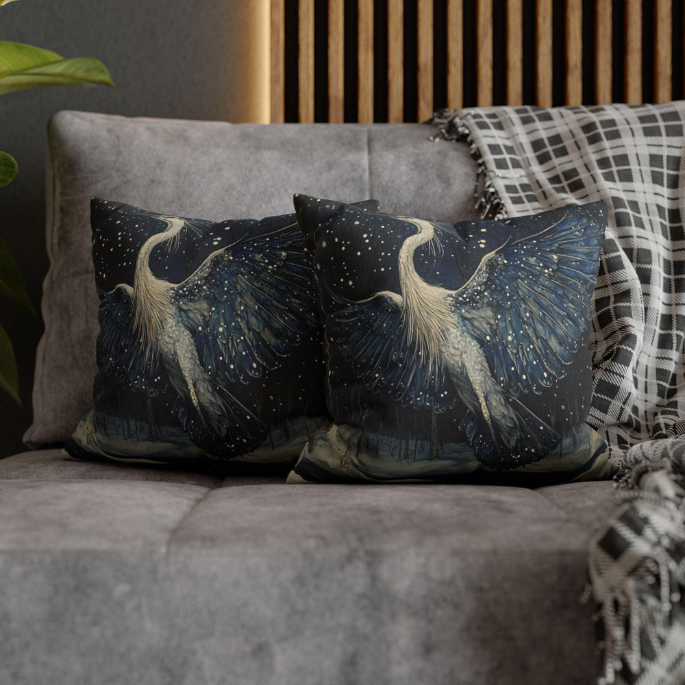 Winter Heron Moonlight Throw Pillow, Snowy Night Bird Cushion, Blue Woodland Wildlife Decor, Enchanted Forest Accent Pillow