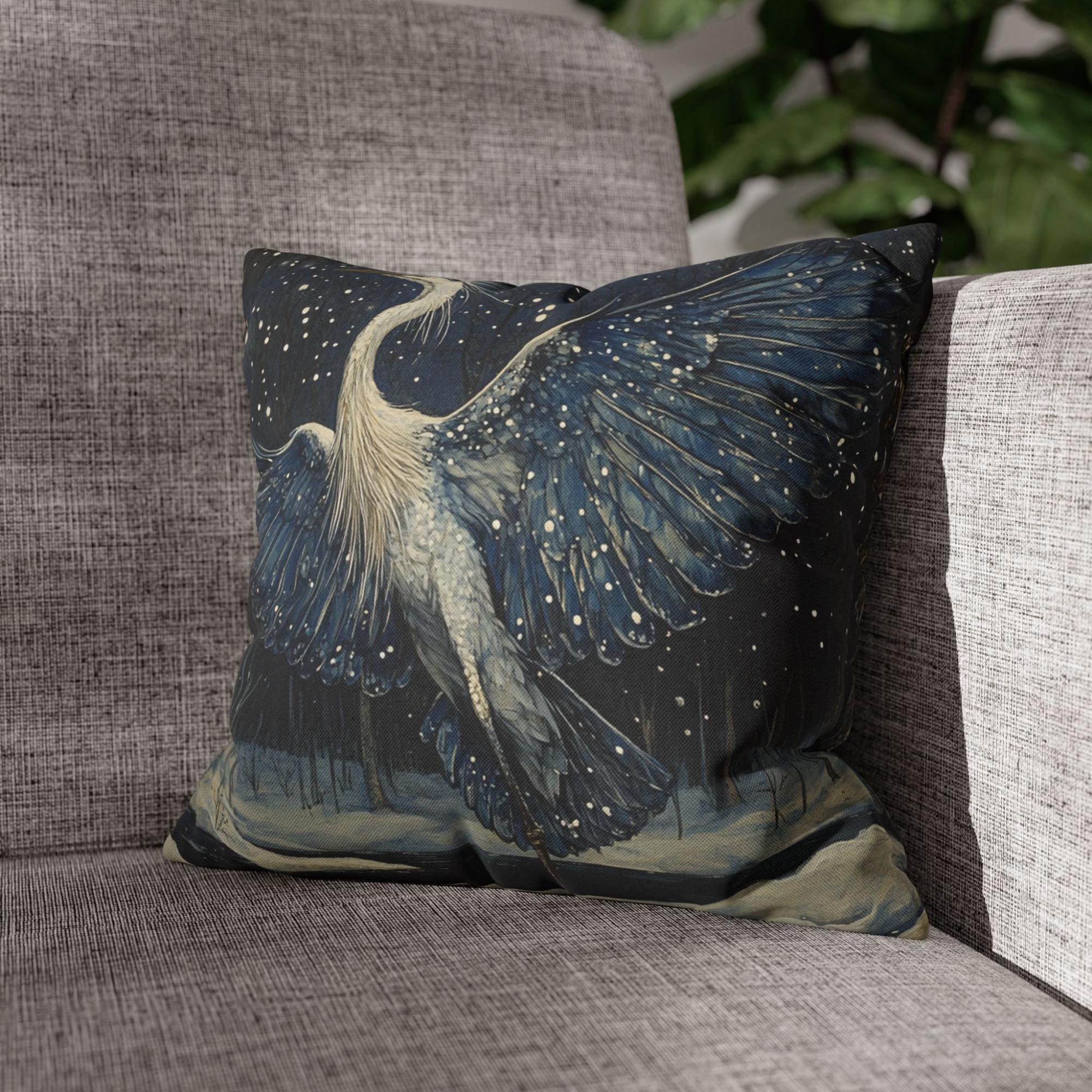 Winter Heron Moonlight Throw Pillow, Snowy Night Bird Cushion, Blue Woodland Wildlife Decor, Enchanted Forest Accent Pillow