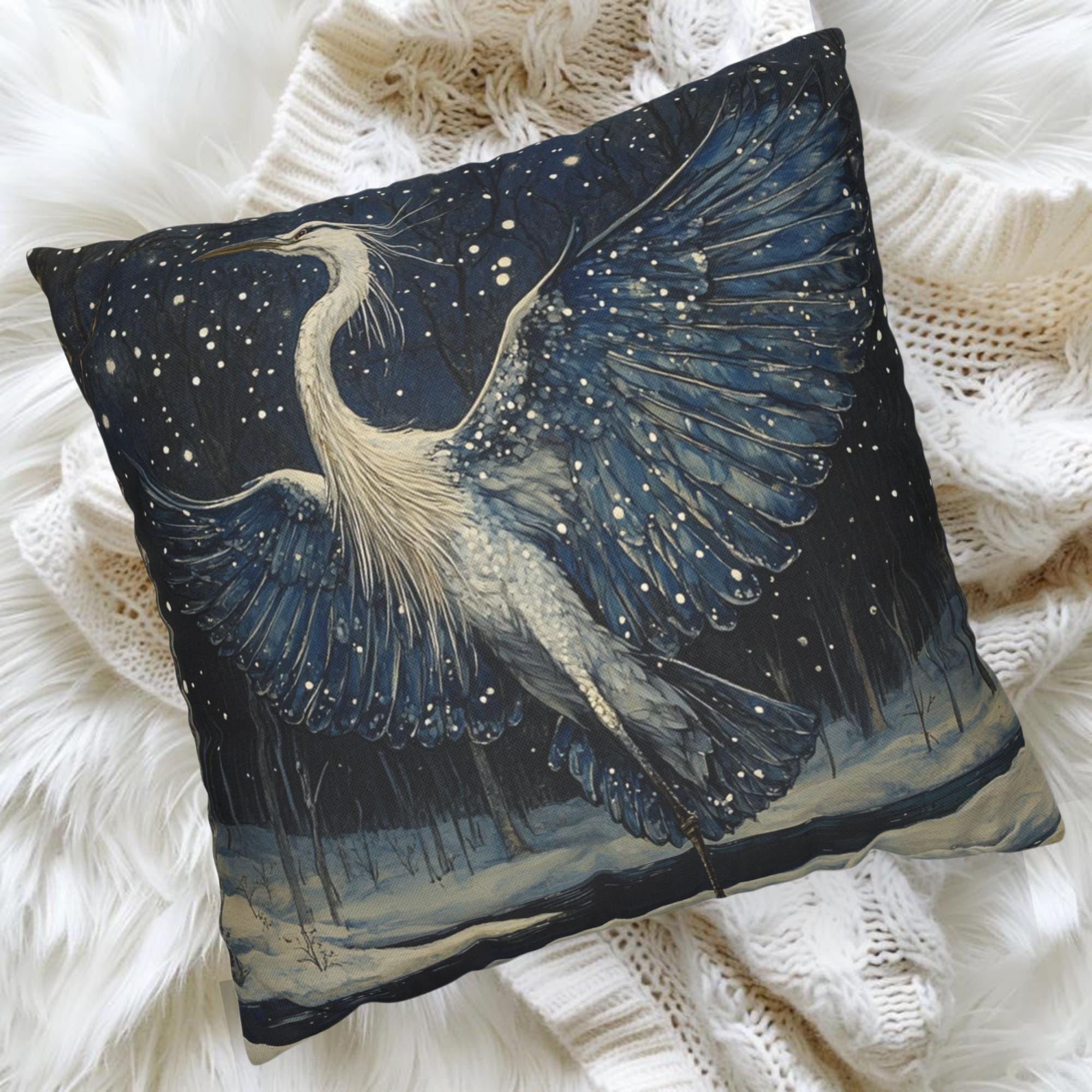 Winter Heron Moonlight Throw Pillow, Snowy Night Bird Cushion, Blue Woodland Wildlife Decor, Enchanted Forest Accent Pillow