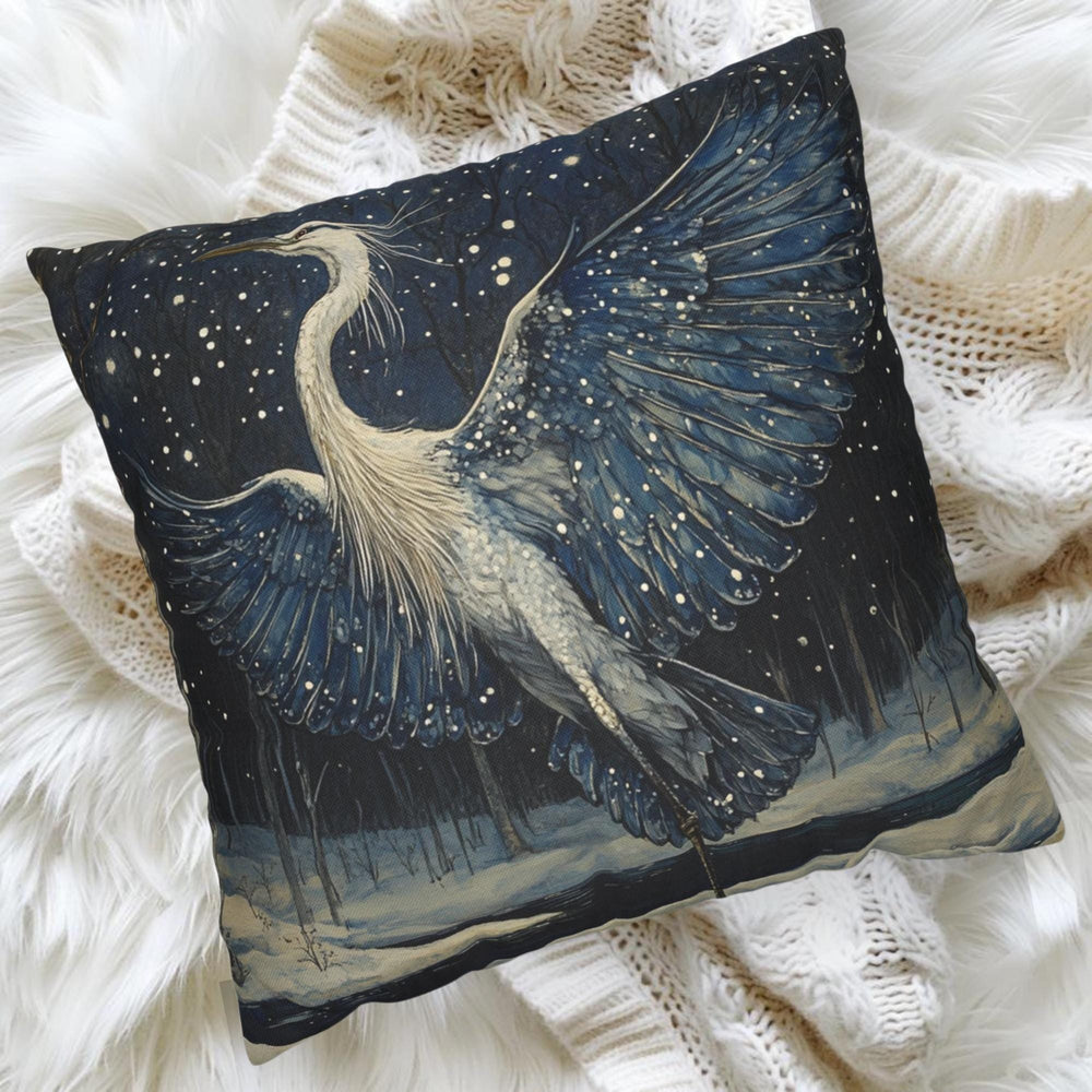 Winter Heron Moonlight Throw Pillow, Snowy Night Bird Cushion, Blue Woodland Wildlife Decor, Enchanted Forest Accent Pillow